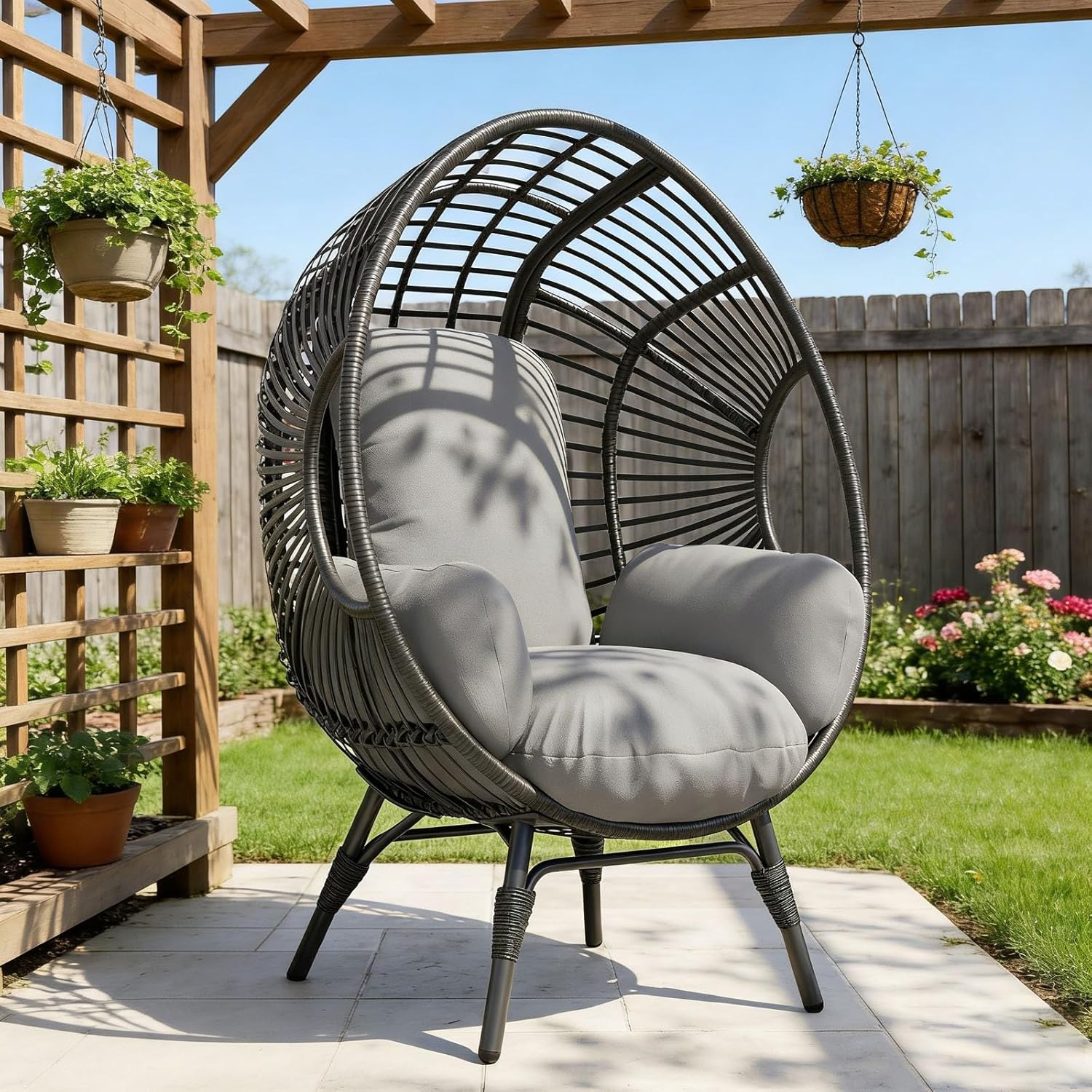 Indoor Outdoor Wicker Egg Chair, 400lbs Capacity, 8-Inch Soft Cushion, Ergonomic Seat Balcony Chairs(Natural)
