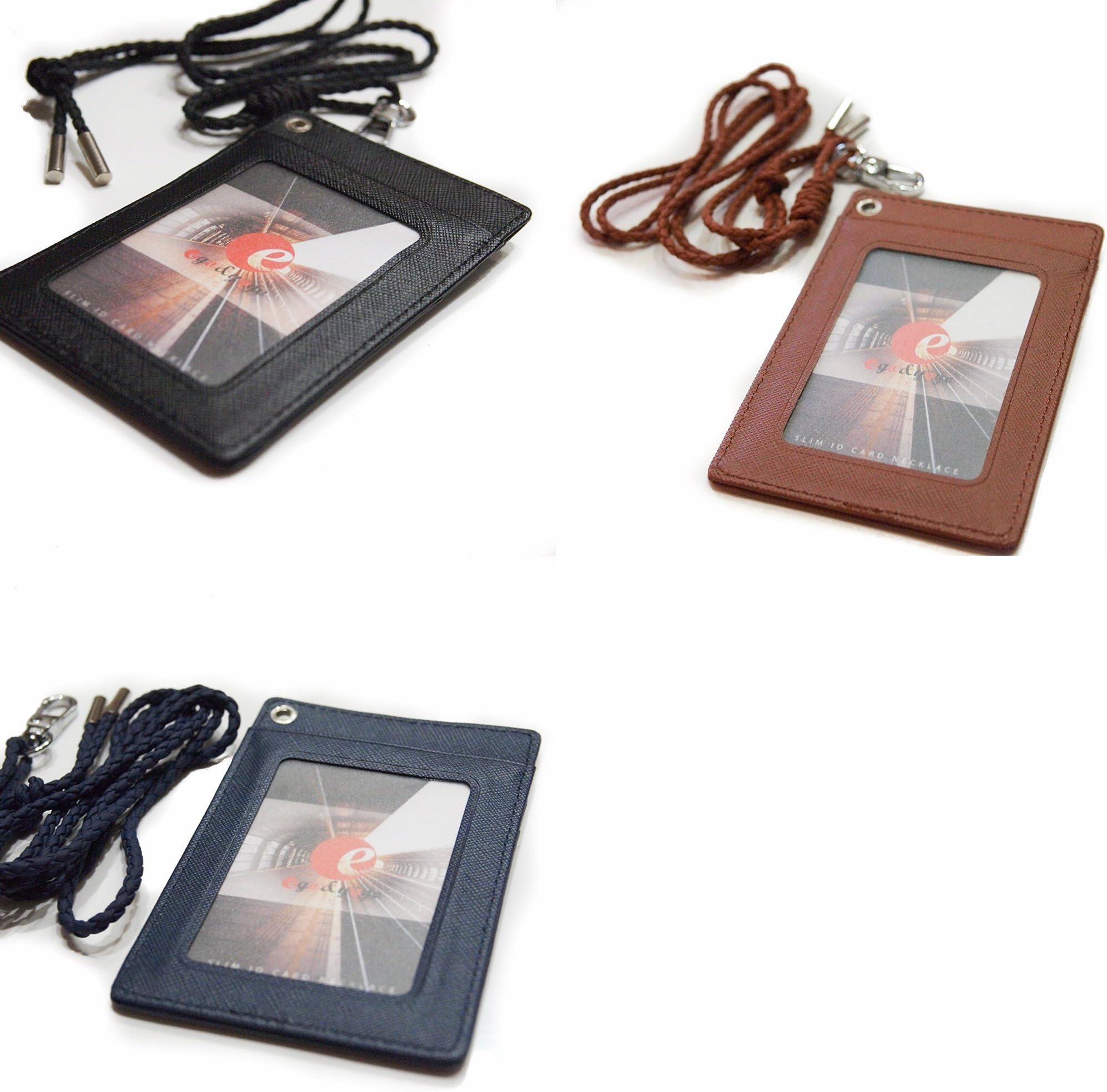 ego&yogo Slim ID Card Necklace Holder - Perfect for Badge, Key Card, Student ID, Employee ID, Metro Card, and Credit Card Holder with Detachable Soft Braided Lanyard Neck Strap (Black Brown Navy)