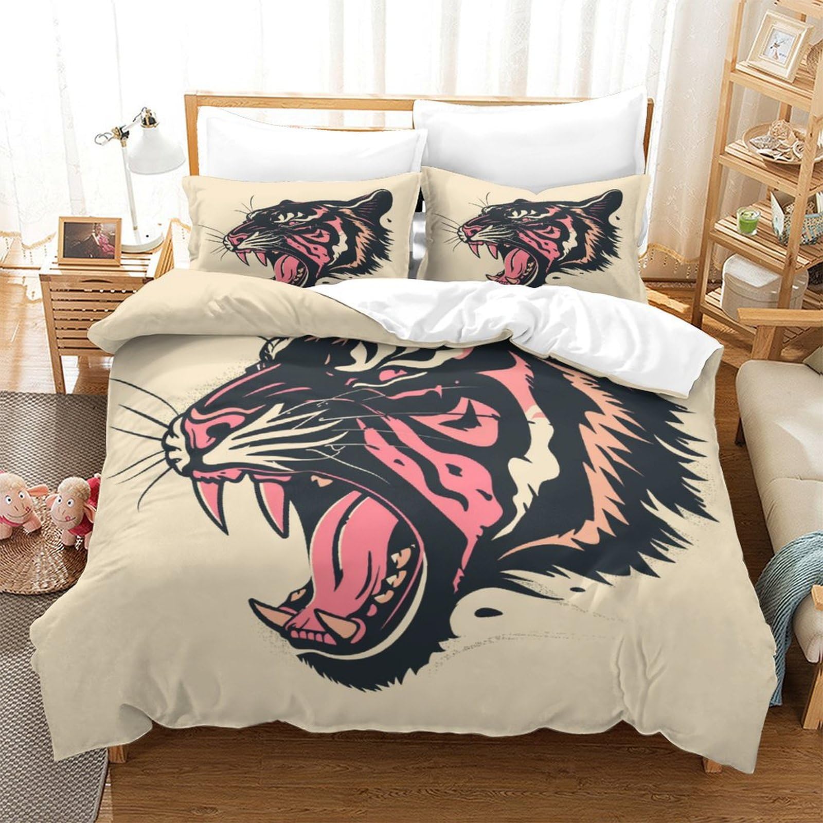 Stampato in 3D tigre Copertina Stampata Microfibra Disegnata Biancheria Da Letto Ipoallergenico Con 2 Federe,King（220x240cm）, Per Adolescenti E Adulti