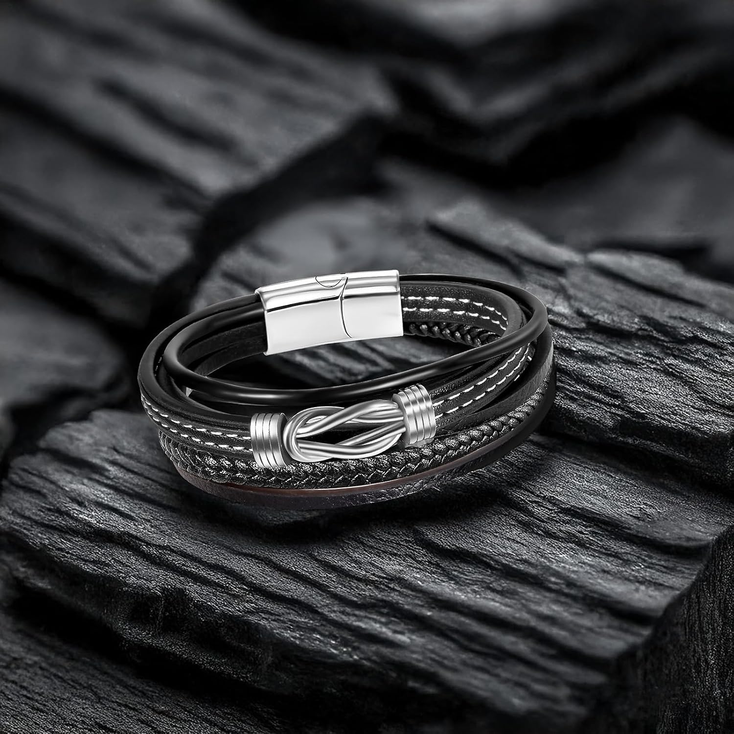 Men Bracelet Leather Infinity Bracelet Black Cool Jewelry gift for men multilayer stackable braclets bangle - Image 7