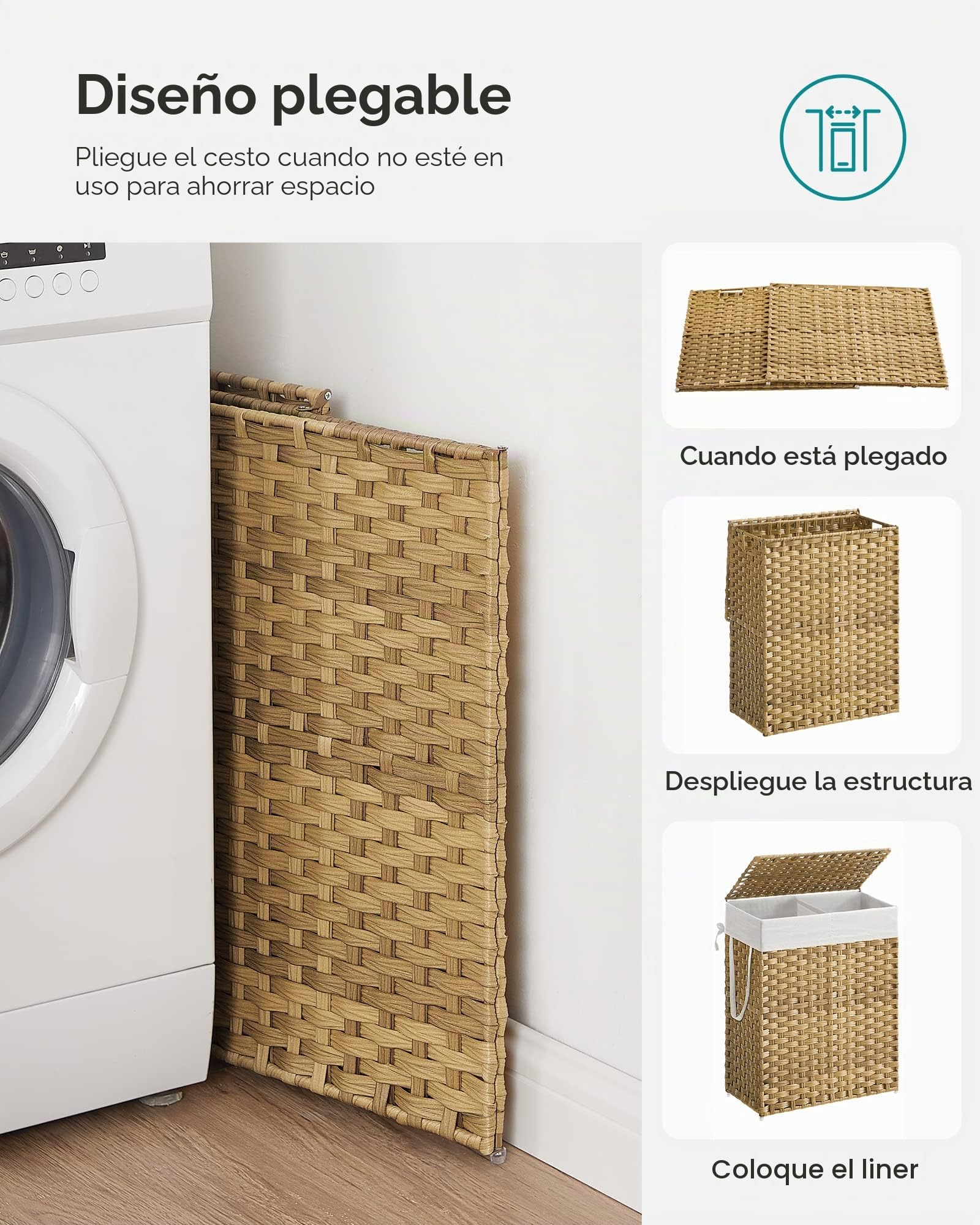 SONGMICS ULCB251N01V1 - Cesta de lavandería con tapa, 90 litros con 2 bolsas de forro extraíbles y 6 bolsas de malla, cesta de mimbre para la ropa sucia, cesta doble para baño, 13 x 18.1 x 23.6