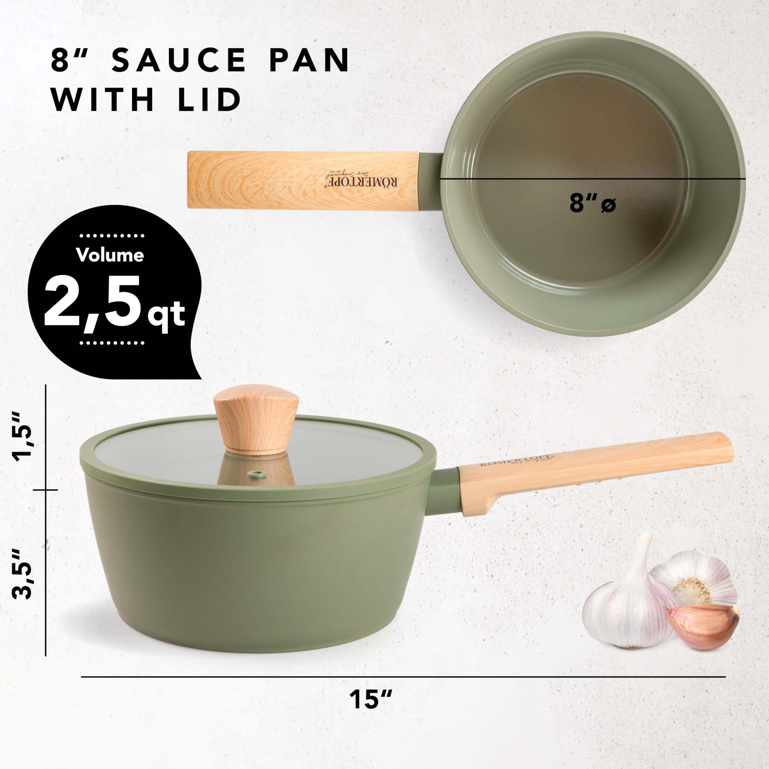 Römertopf Casserole à manche en céramique 20 cm sans PFAS, 2,4 L, couvercle en verre, induction et tous feux, vert
