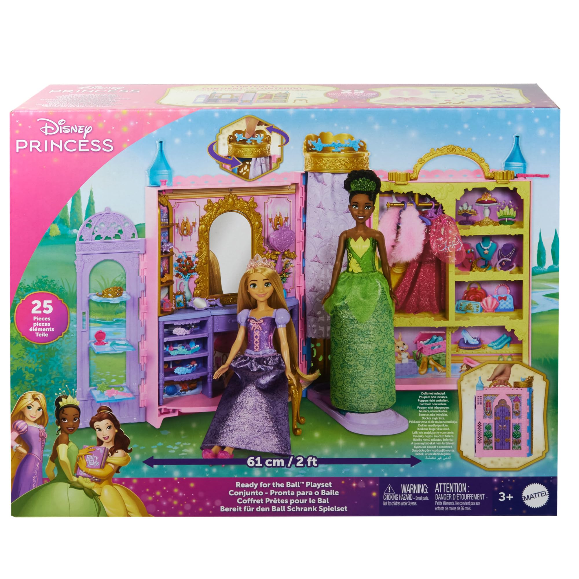 Mattel Disney Princess - Guardaroba da Favola, playset armadio apribile fino a 60cm con 2 abiti e 25 accessori, specchiera, camerino e passerella inclusi, giocattolo per bambini, 3+ anni, HXC20