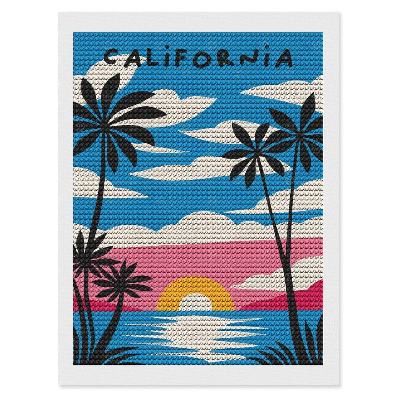 Junmoney Blue California Sunshine Diamond Painting Set 12"x16", Sparkling Round Gems, Decorate Your Room, Fun Craft Experience, Modern Decor