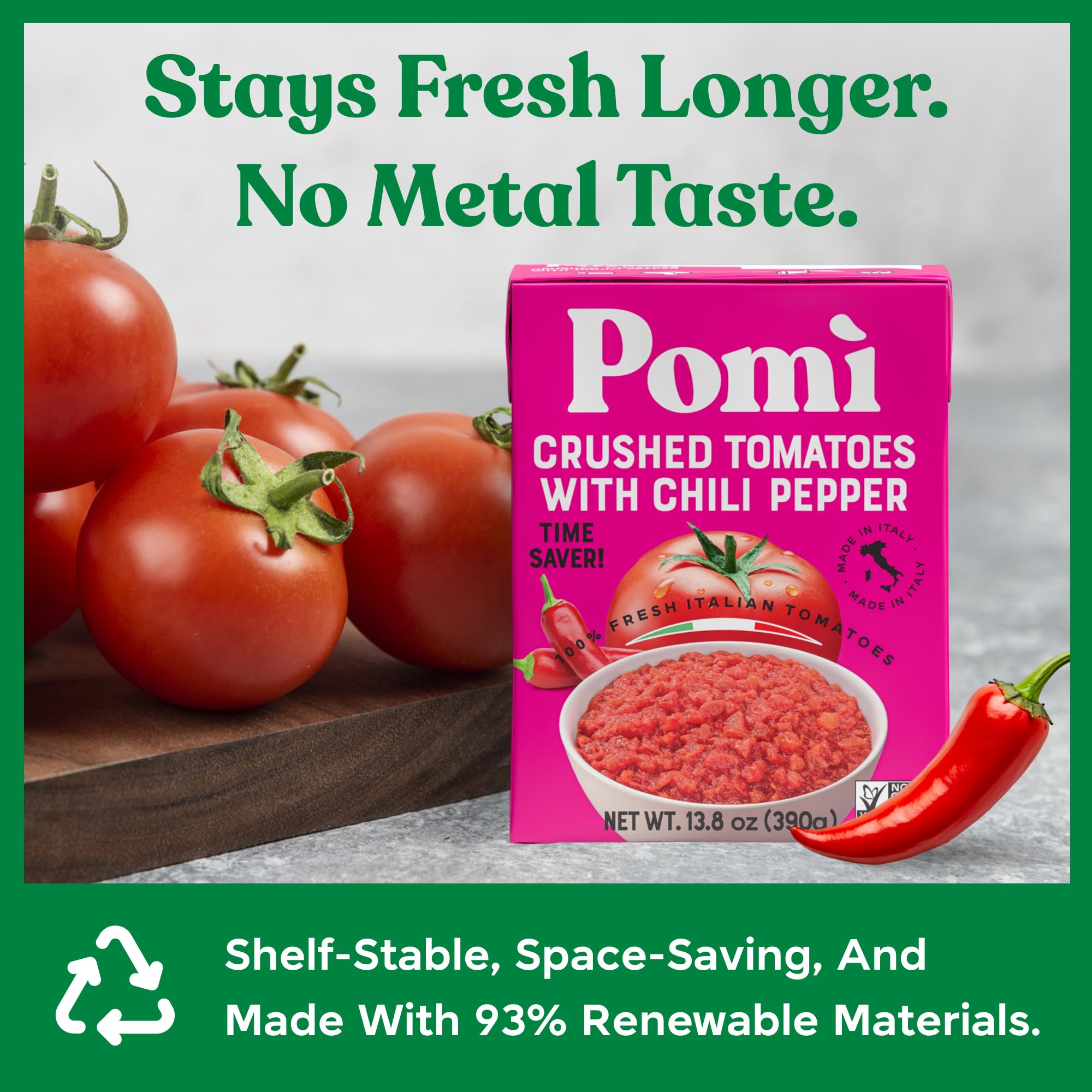 Pomì Crushed Tomatoes with Chilli Pepper 13.8oz (Pack of 12) - Velvety Italian Tomato No Salt Added, No Additives or Preservatives Tomato Crushed BPA free - Made from 100% Fresh Italian Tomatoes