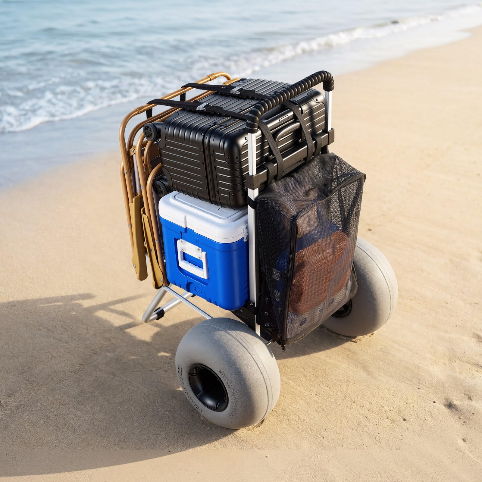 VEVOR Diable de Plage Tout-Terrain, Chariot de Transport Pliable Charge Maximale 75 kg, pour Camping Pêche Jardin Extérieur, Plateau de Chargement 50,5x37,4 cm, Roues Ballons 32 cm, Hauteur Réglable