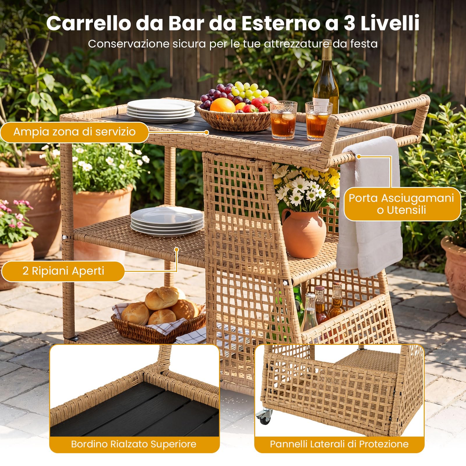 COSTWAY Carrello Bar da Esterno, Carrello Portavivande in Rattan con 4 Ruote, 3 Ripiani Aperto e Maniglia Laterale, Carrellino da Servizio per Cucina, Giardino e Bordo Piscina, 98 x 54 x 92 cm
