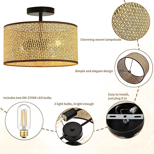 Miniatura 3 de XININSUN Lámpara de techo semiempotrada, moderna lámpara de ratán de 2 luces, accesorio de iluminación de granja con pantalla de bambú tejida,