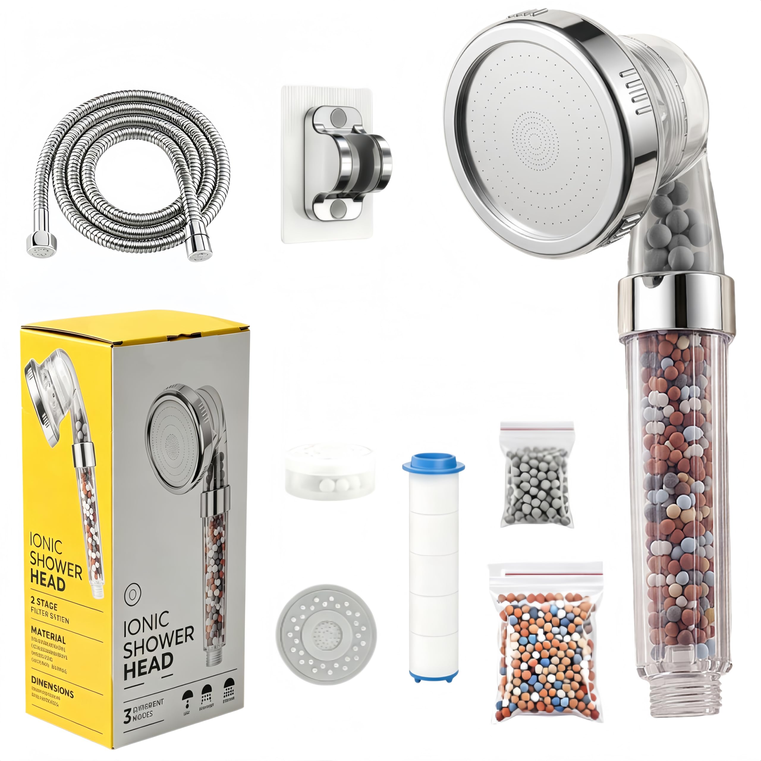 Handheld Showers and Hose – Ionic Shower Head with Filter for Hard Water UK, High Pressure Showerheads with 3 Spray Modes, Handheld Power ShowerHead, Chlorine-Removing Shower Filter
