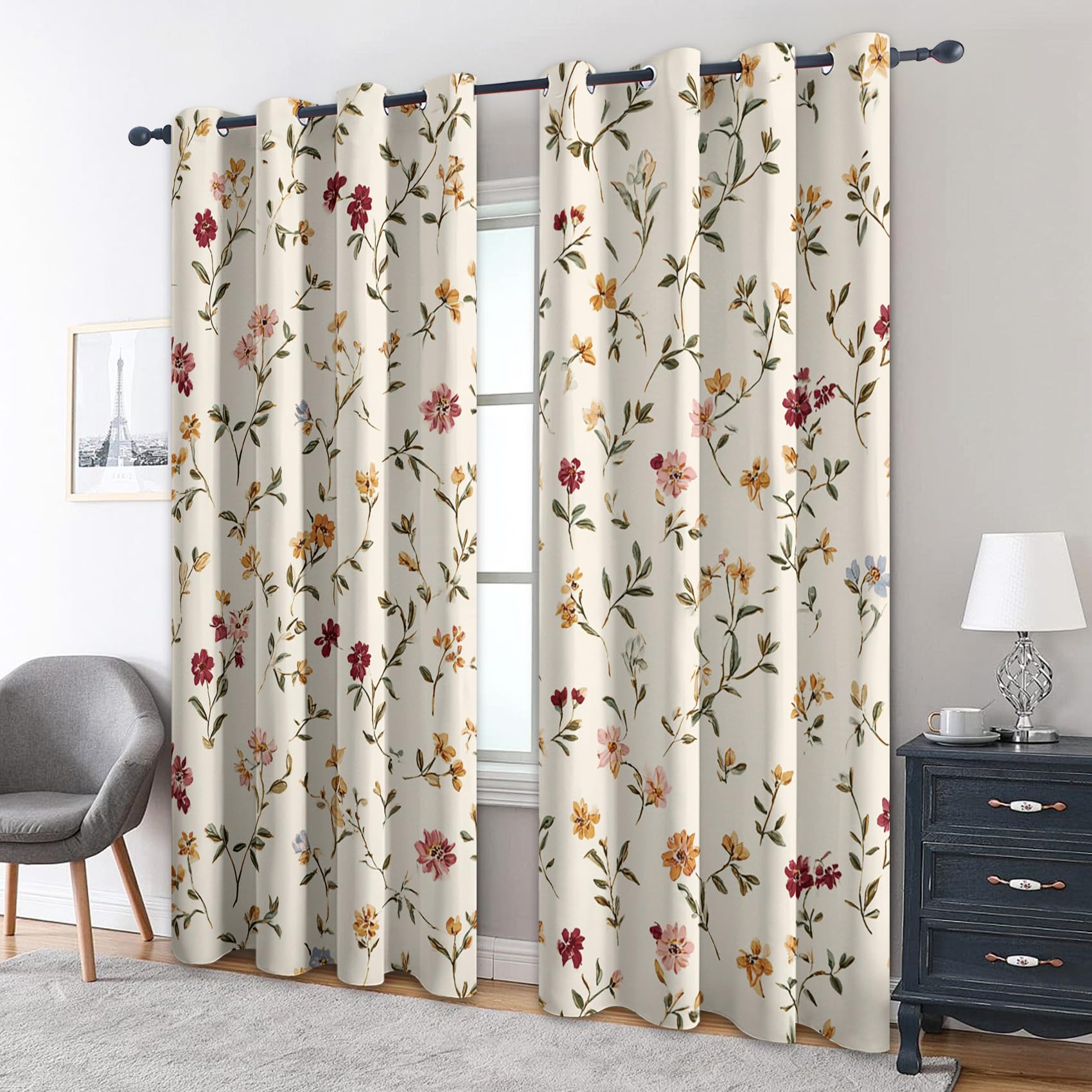 Generisch Vorhänge Schlafzimmer Blumen Landhausstil Motiv, Rustikal Floral Blickdichte Gardinen Wohnzimmer Deko, 2er Set H 220 x B 140, Thermo Verdunklungsvorhänge mit Ösen YD25