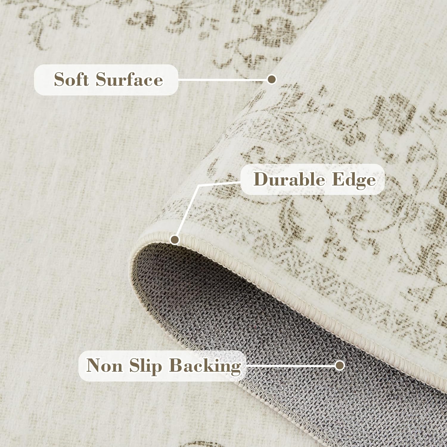 COZYLOOM Washable Runner Rug 2x6 Runners Floral Bathroom Rugs Boho Low Pile Small Non Slip Kitchen Runner Entryway Rug Stain Resistant Carpet for Living Room Bedroom, Cream 2'x6'