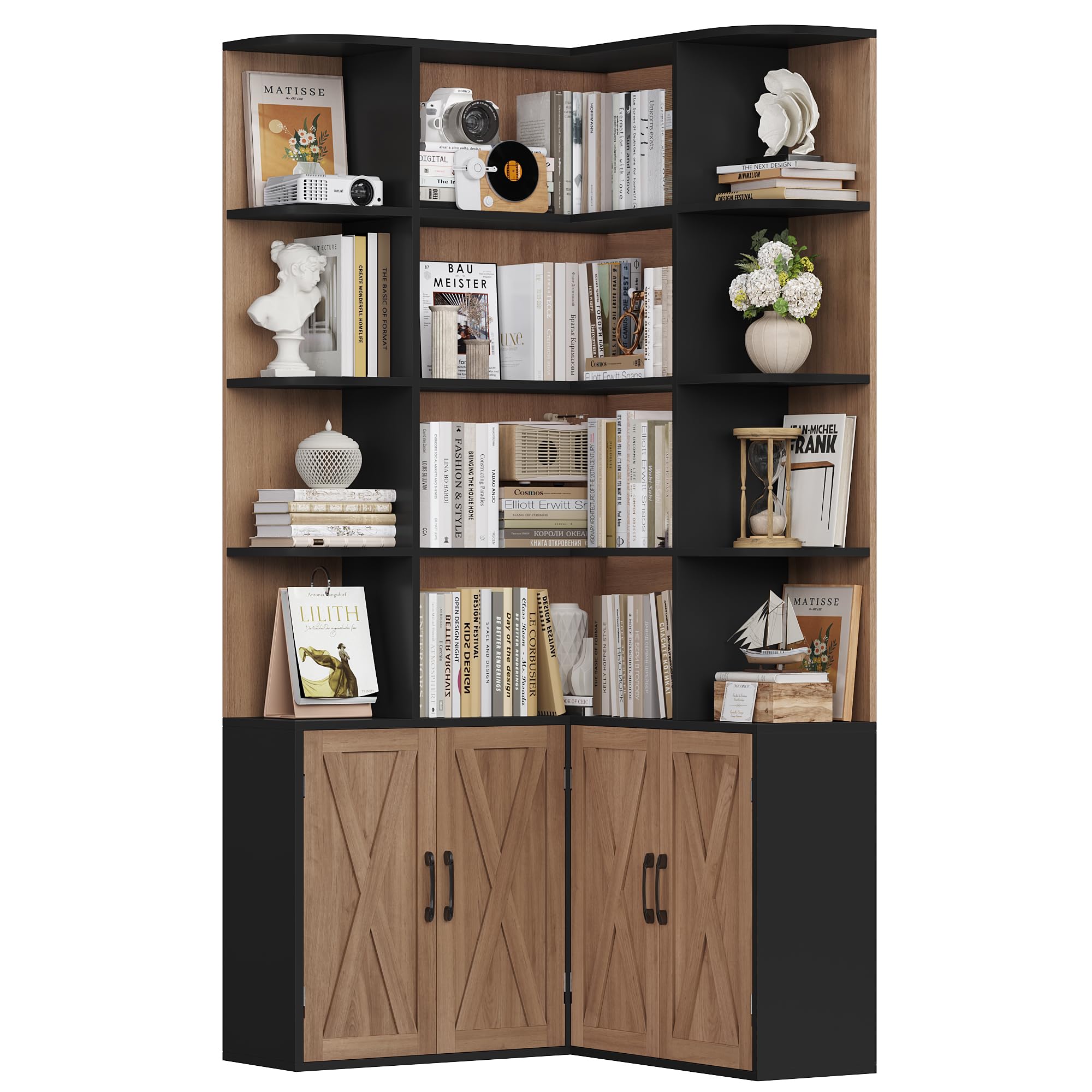 FirFurd Corner Bookcase L Shaped Bookshelf with Doors Display Cabinet Oak