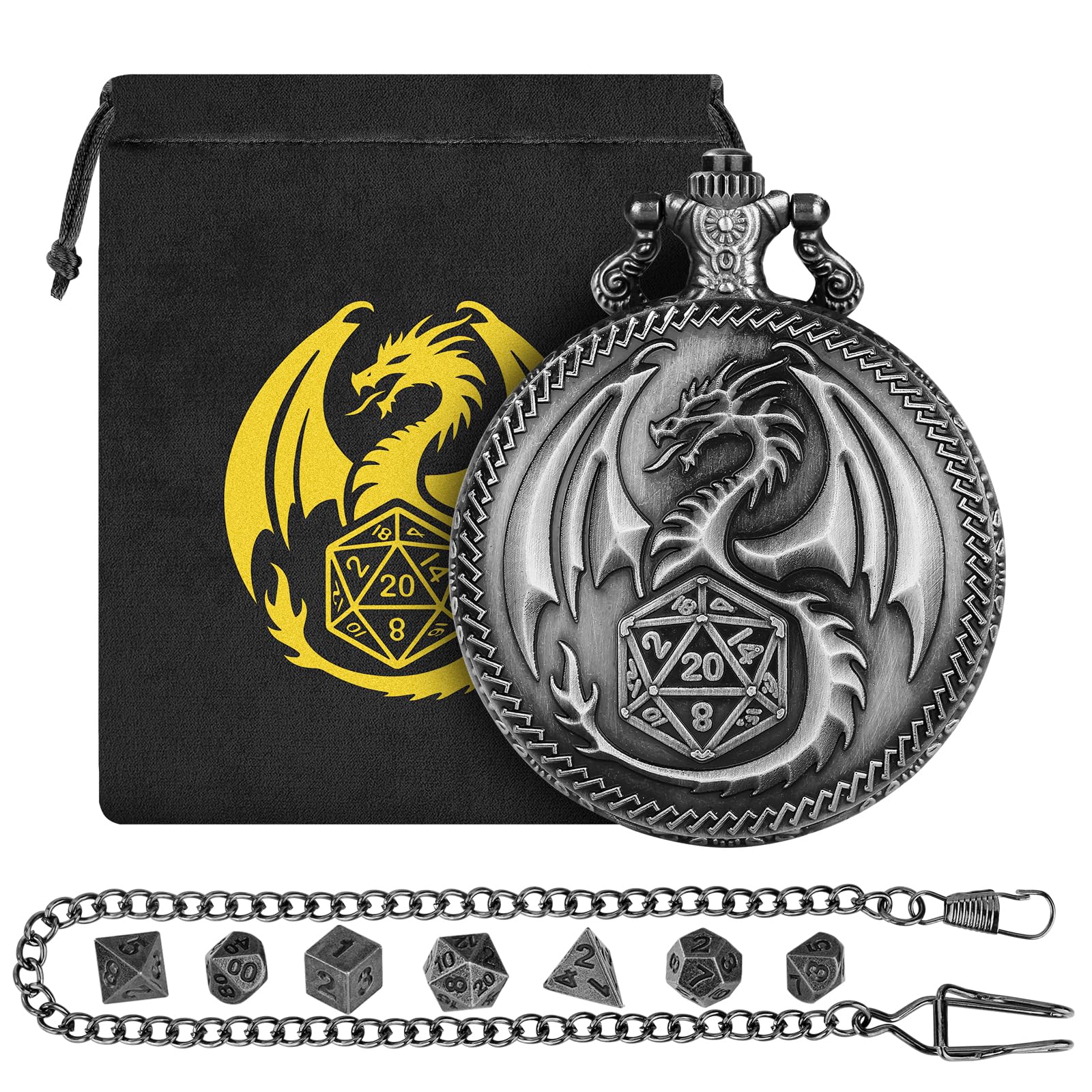 Mini DND Dice Set with Steampunk Dragon Pocket Watch Case, Tiny 7-Piece Polyhedral Metal D&D Dice, DND Gifts with Dragon Logo Gift Bag, Role Playing Game Board Game Accessories Dice, Silver