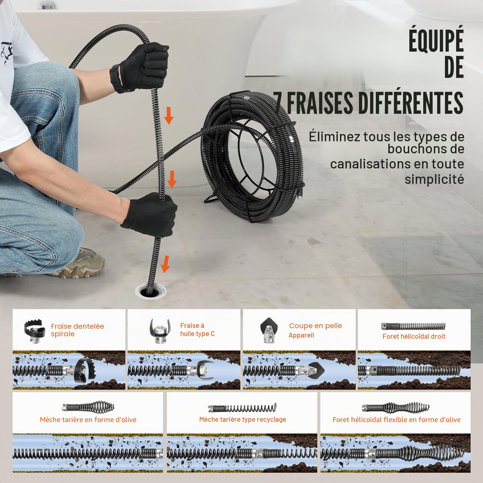 VEVOR Câble de nettoyage de canalisations, 30 m x 16 mm, câble de tarière de vidange d'égout noyau creux sectionnel professionnel, 7 coupeurs pour tuyaux 20-100 mm pour évier, siphon de sol, toilettes