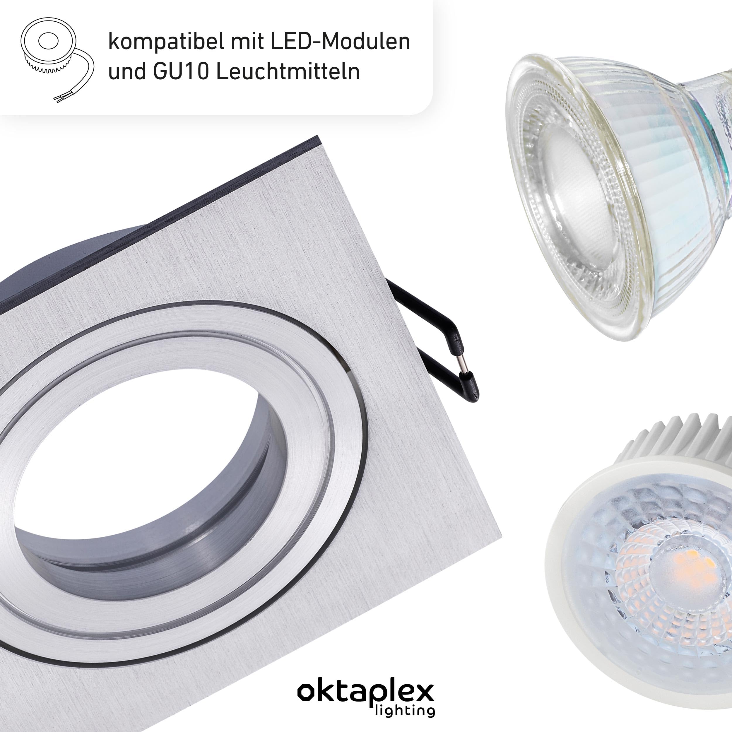 Oktaplex 3 Set di faretti da incasso con modulo LED Lyon orientabile 4,8W 3000K 230V 380lm Bianco caldo Alluminio Spot quadrato da soffitto Diametro incasso 80mm