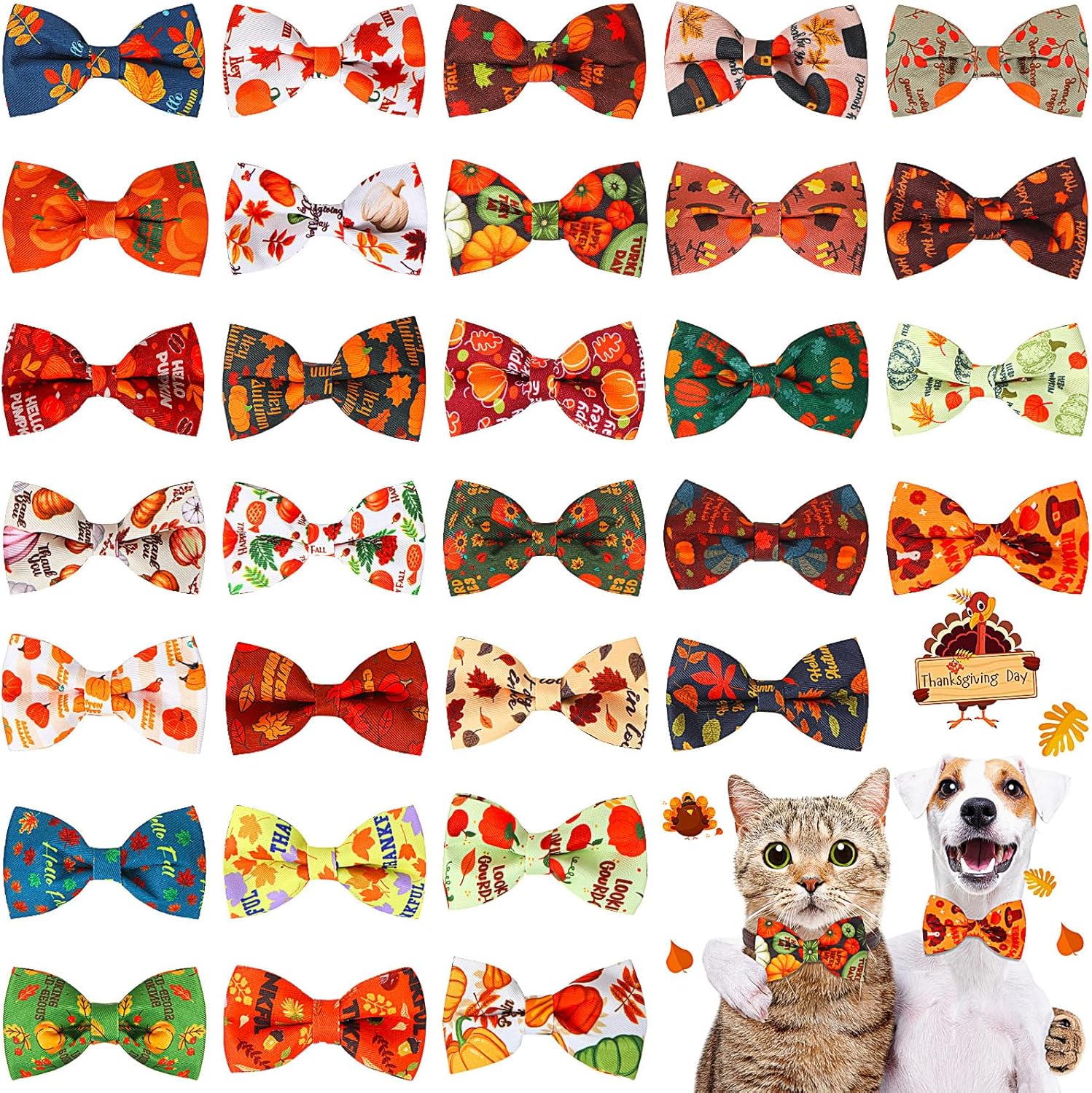 Talltalk 30 Pcs Fall Pumpkin Dog Collar Bow Ties Bulk Thanksgiving Dog Bowtie Holiday Puppy Grooming Accessories Collar Charms Detachable Attachment Autumn Cat Bow for Small Medium Large Puppy Cat