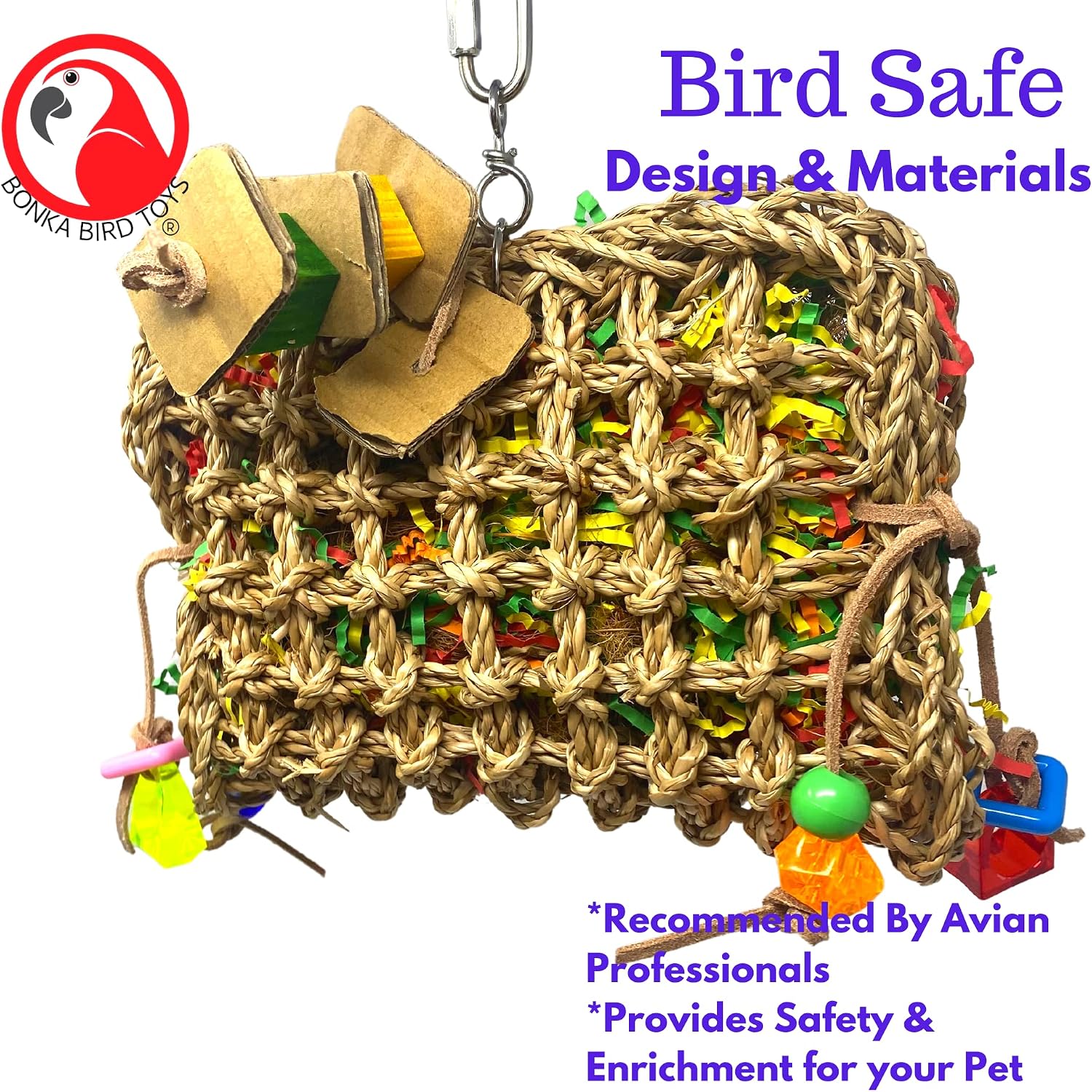Bonka Bird Toys 2909 Large Seagrass Purse - Natural Eco-Friendly Parrot Cage Toy, African Grey, Macaws, Amazons, and Similar Breed Sizes