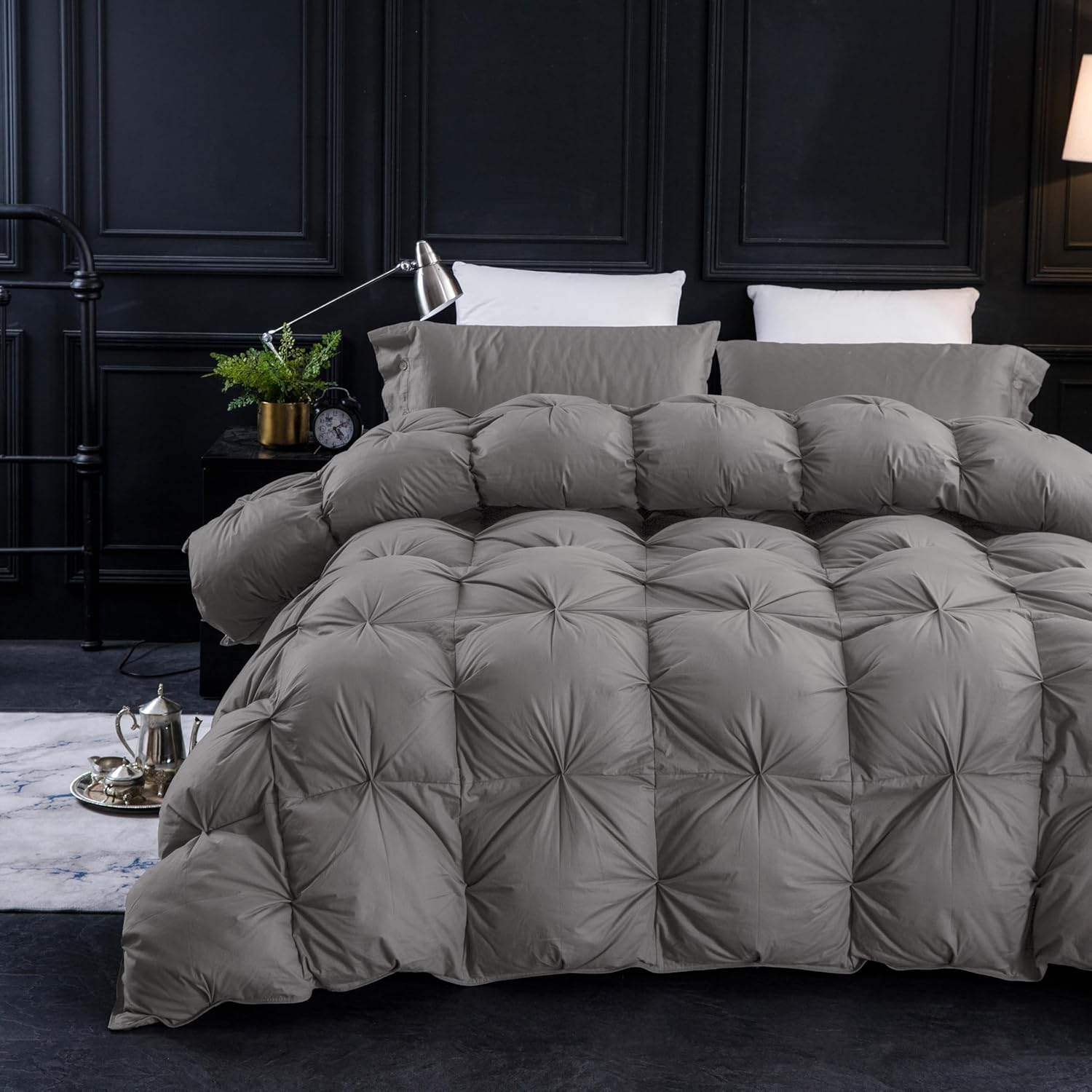 Three Geese King Size Pinch Pleat Duck Feather Down Fiber Comforter - All-Season Down Duvet Insert Fluffy Baffle Box Design with 8 Corner Loops for Warmth and Softness.