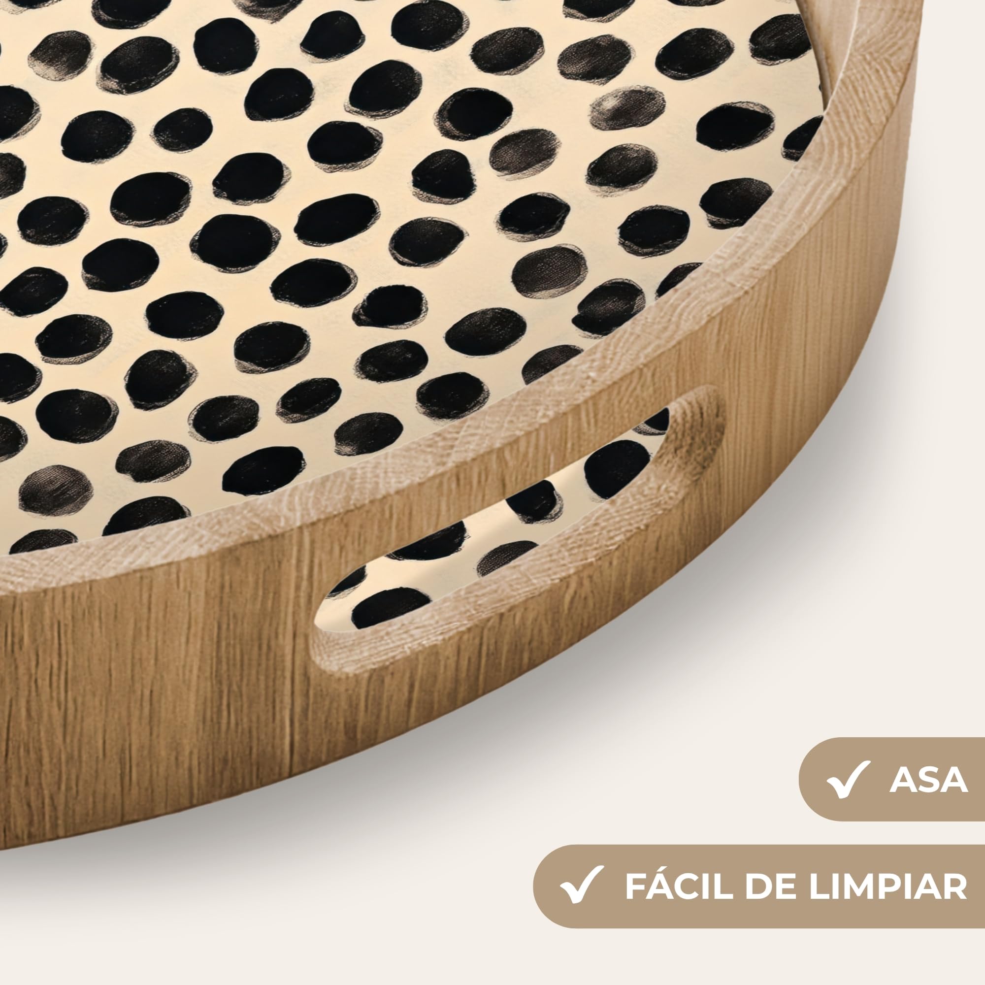Bandejas Redonda 40x40 cm Bandeja Cafe para Servir Comida Bonitas Resistente Al Calor Tray De Madera Desayuno Cocina Tabuleiro Lunares - Patrón - Negro
