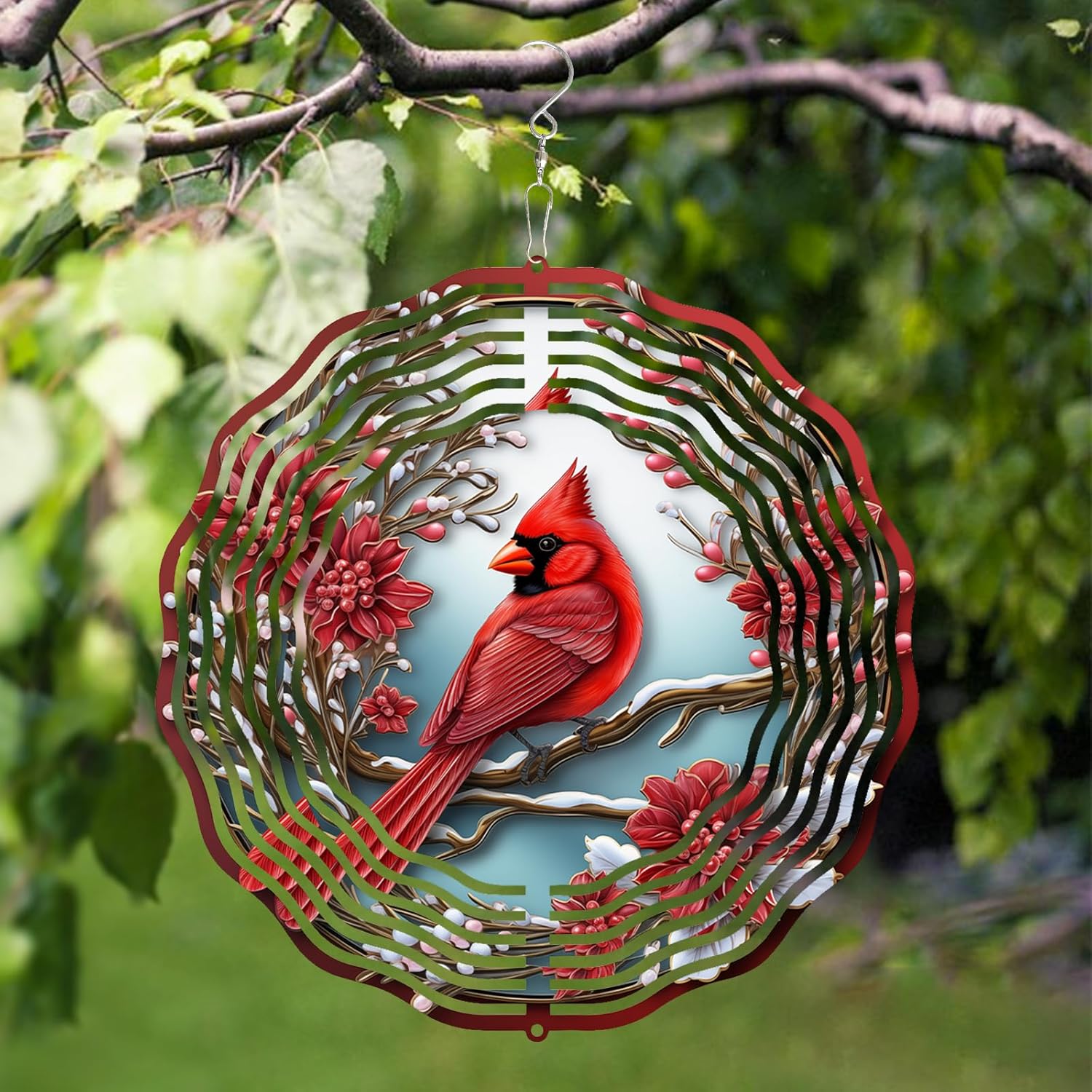 3D Cardinal Bird Wind Spinner 10 Inch Stainless Steel Metal Art Kinetic Sculpture Red Bird Hanging Ornament for Garden, Yard, Patio, and Home Décor Christmas Decor