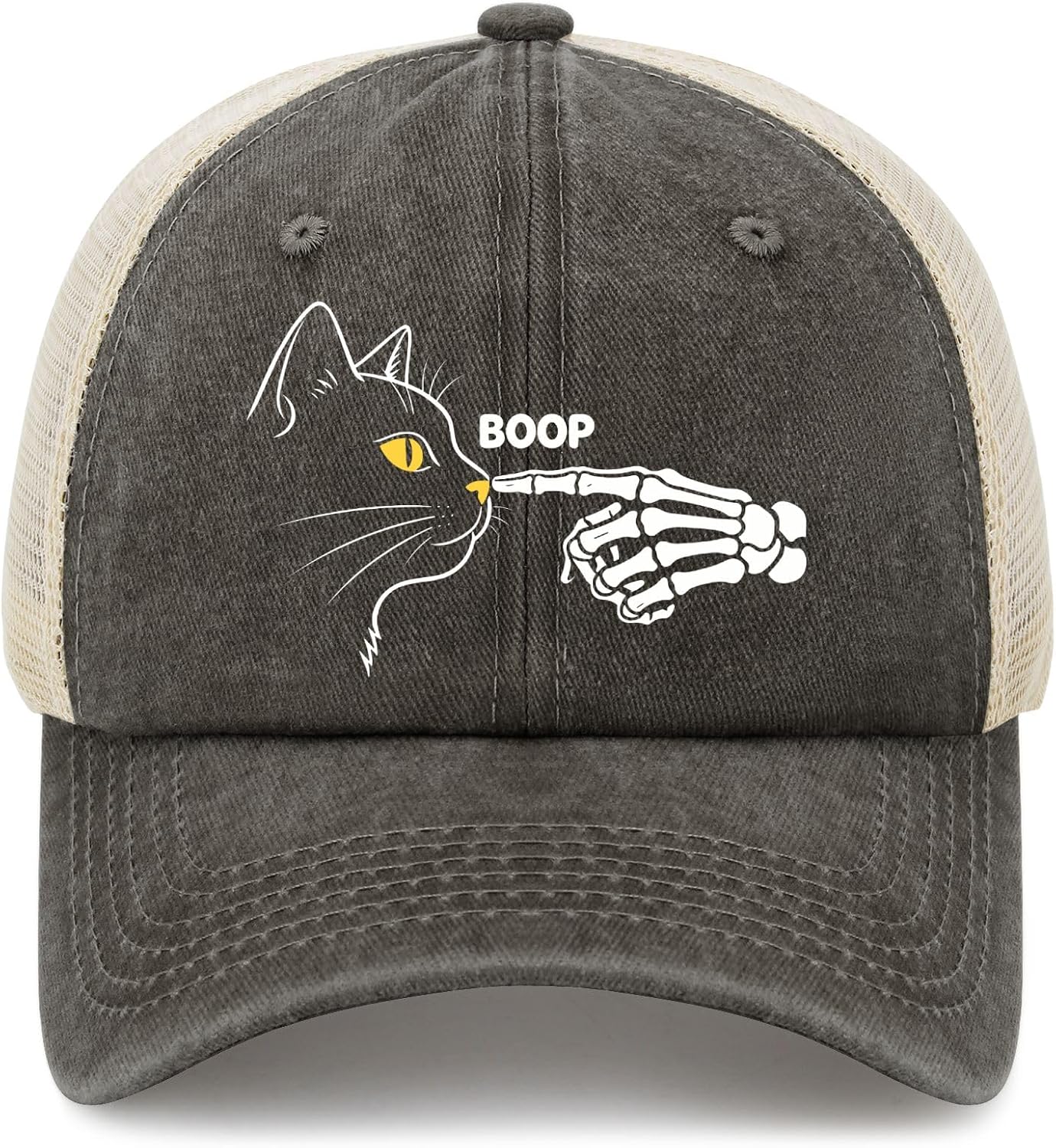 Black Cat Skeleton Hand Boop Halloween Pet Hats for Men Soft Washed Caps