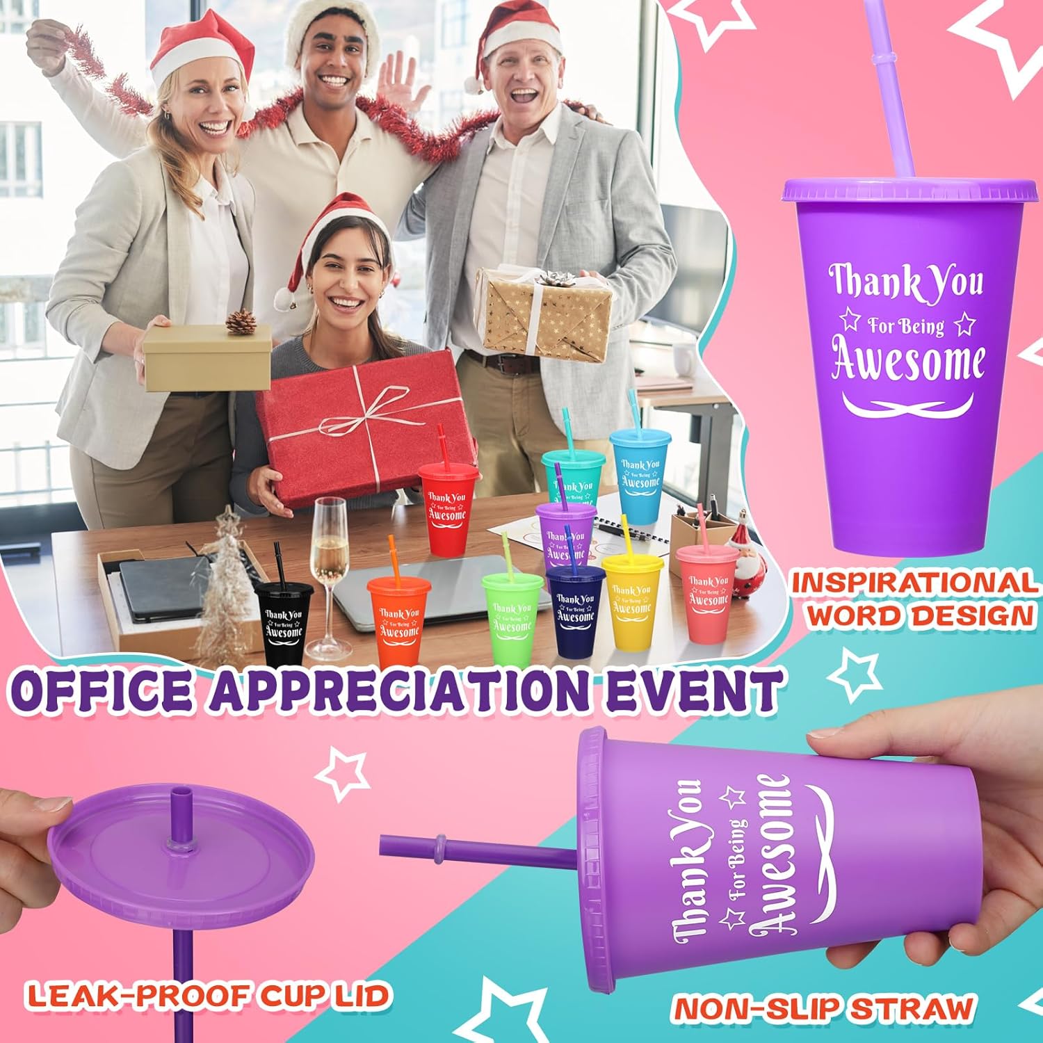 60 Pcs Thank You Cups Bulk 16 oz Colorful Tumbler with Straw and Lid Thank You Staff Appreciation Gifts Employee Mug Water Bottle Cold Drink Travel Mug for Birthday Party Adults Teachers, 10 Colors - Image 3
