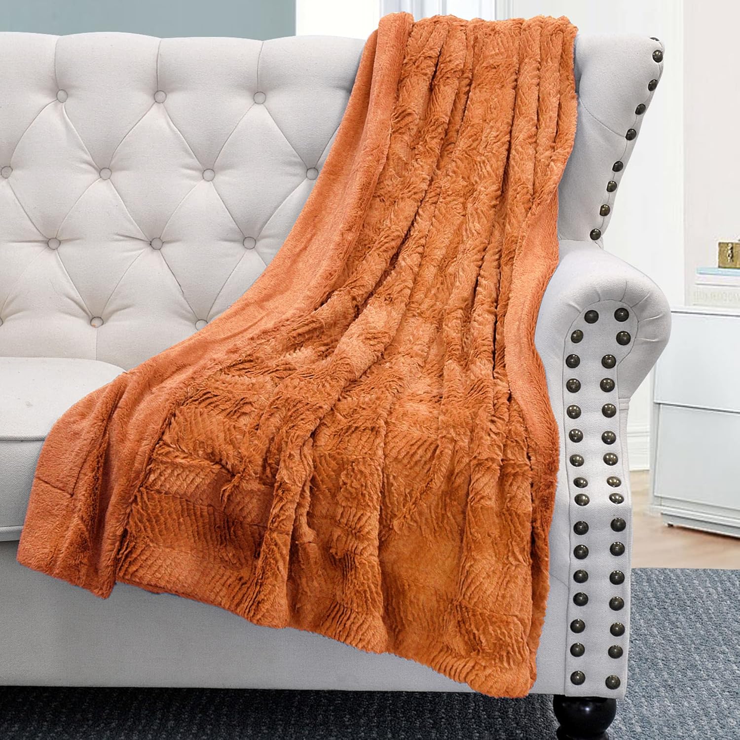 Soft Fuzzy Plush Faux Fur Herringbone Textured Throw Blanket, Stylish Lightweight Fluffy Cozy Warm Accent Throw Blankets for Couch Sofa Chair Bed Cover, 50x60 Inch, Burnt Orange