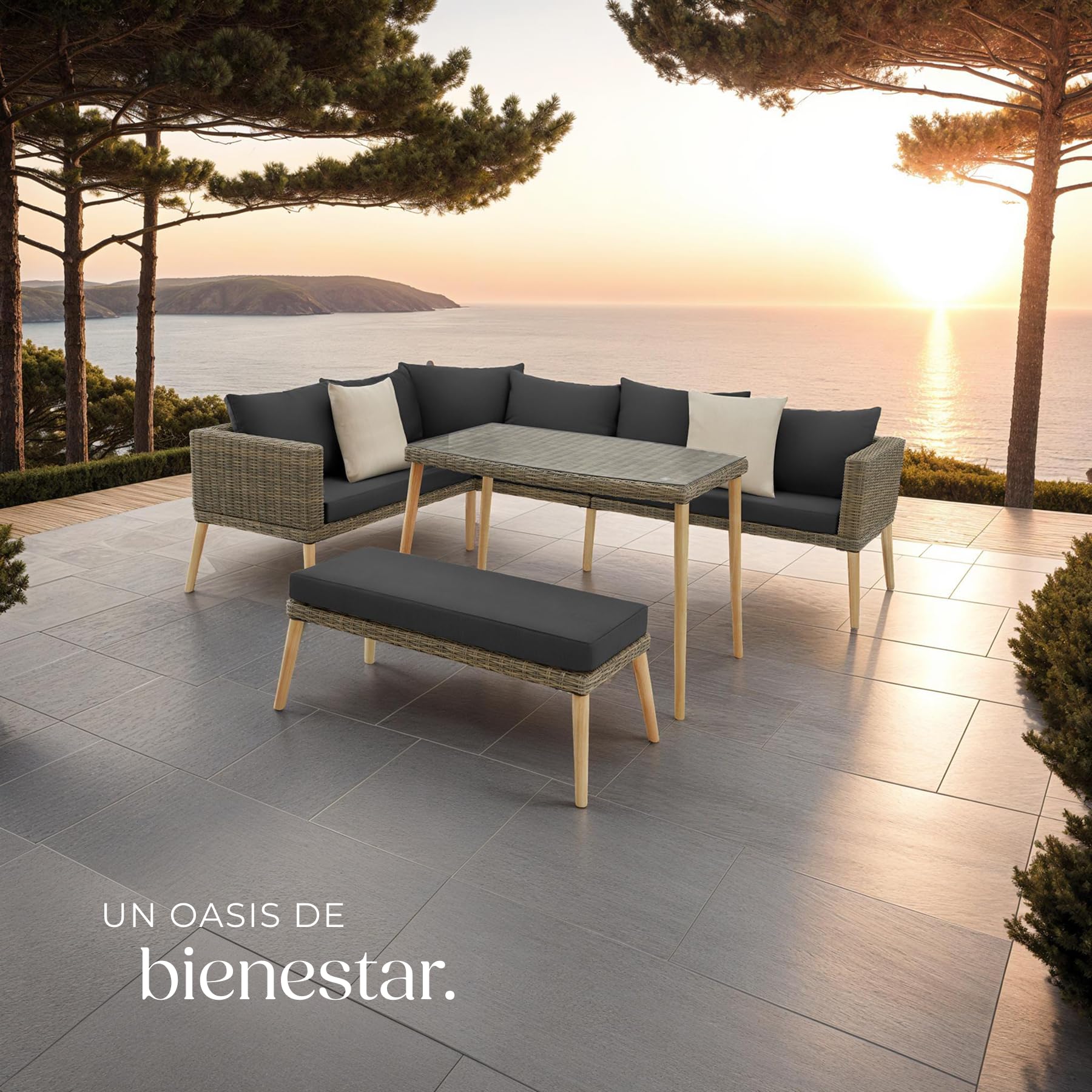TecTake® Conjunto Jardín Combinable en Ratán y Aluminio, Cojines, Conjunto Terraza Resistente a la Intemperie, Muebles Jardín Exterior 1 Sofá, 1 Banco, 1 Mesa con Cristal, Fundas Extraíbles - Natural