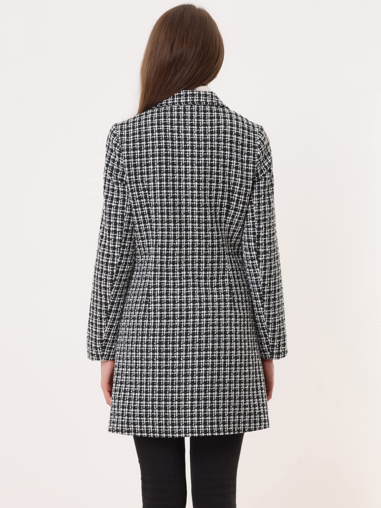 Allegra K Donna Giacca Lunga in Tweed Plaid Doppiopetto