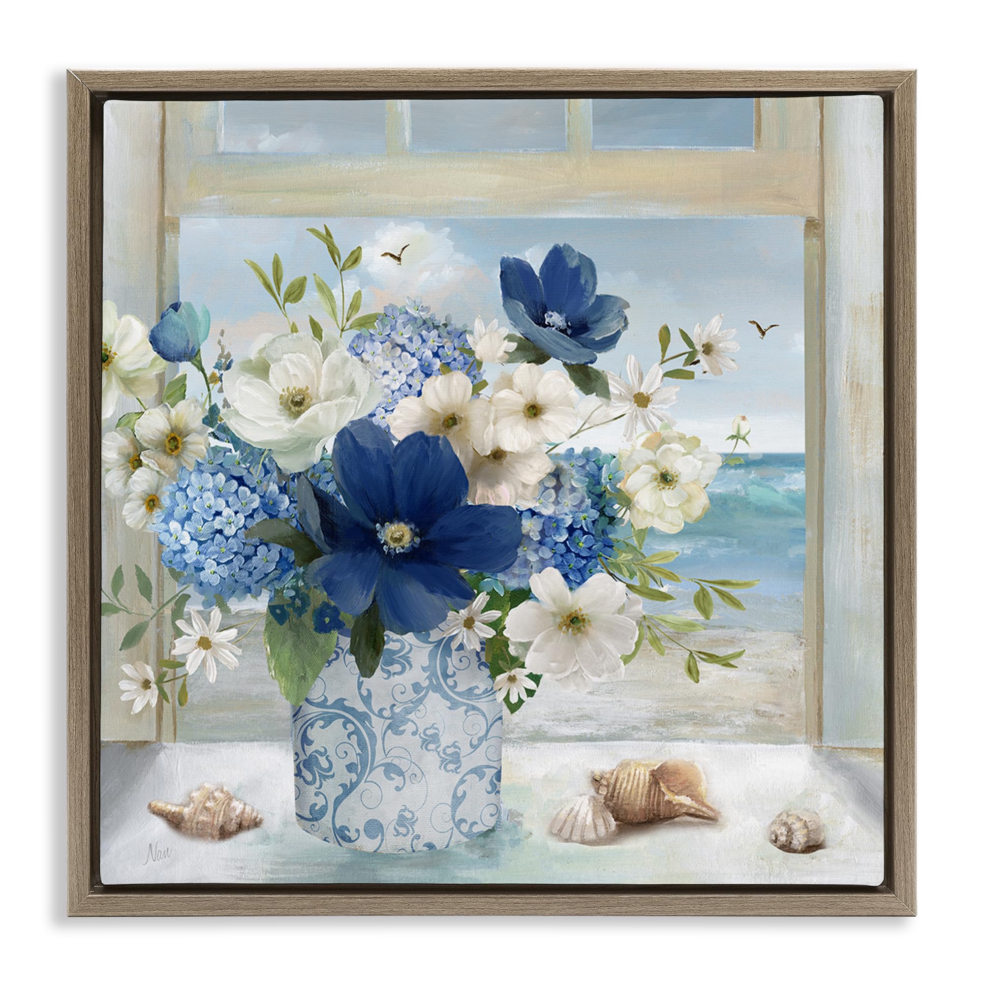 Stupell Industries Montalcino Elm (Textured) 'Seaside Blue & White Arrangement'| Floating Frame Canvas Art