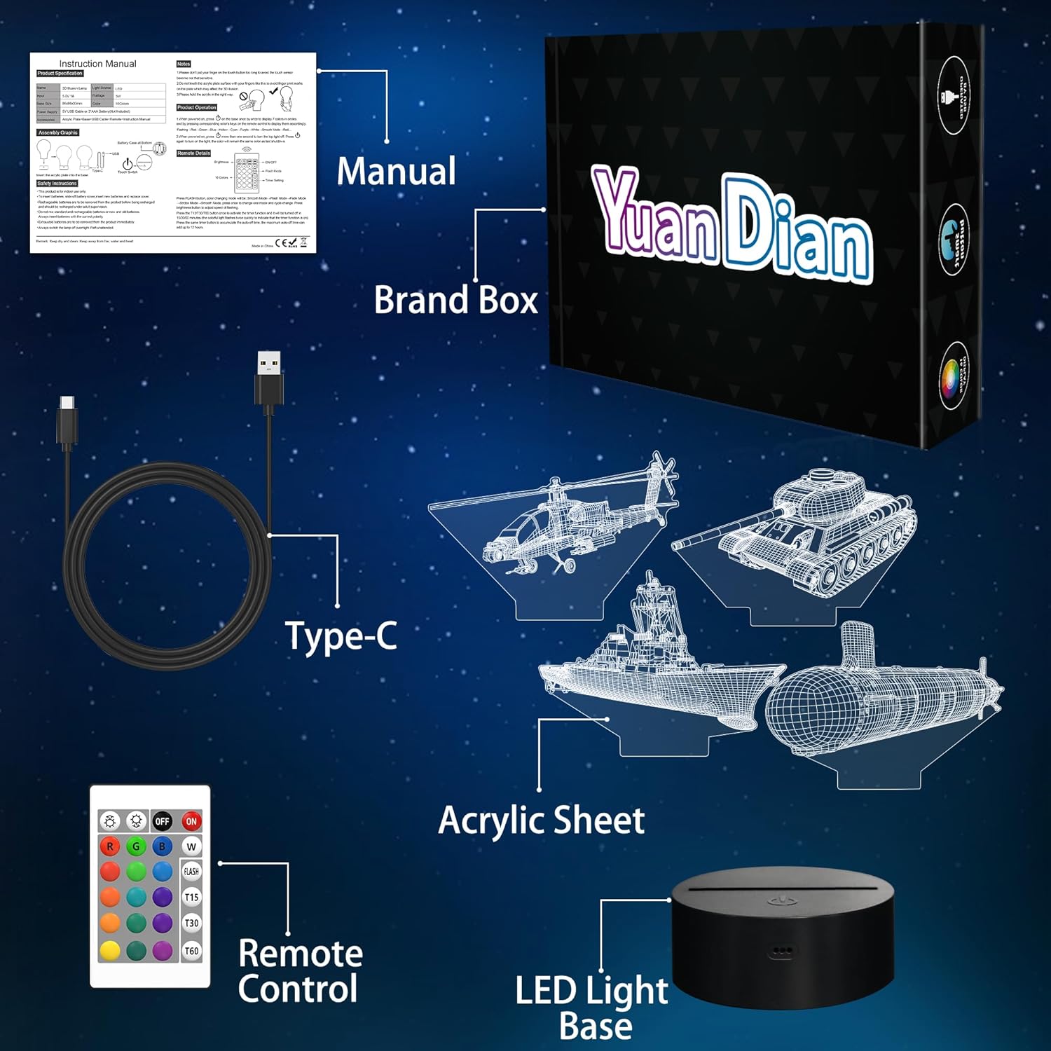 YuanDian Military Weapons 3D Lamp Kits,Navy Gguided Missile Destroyer, Submarine,Tank,Helicopter 3D Night Light for Kids (4 Patterns) with Remote Control & 16 Colors Light