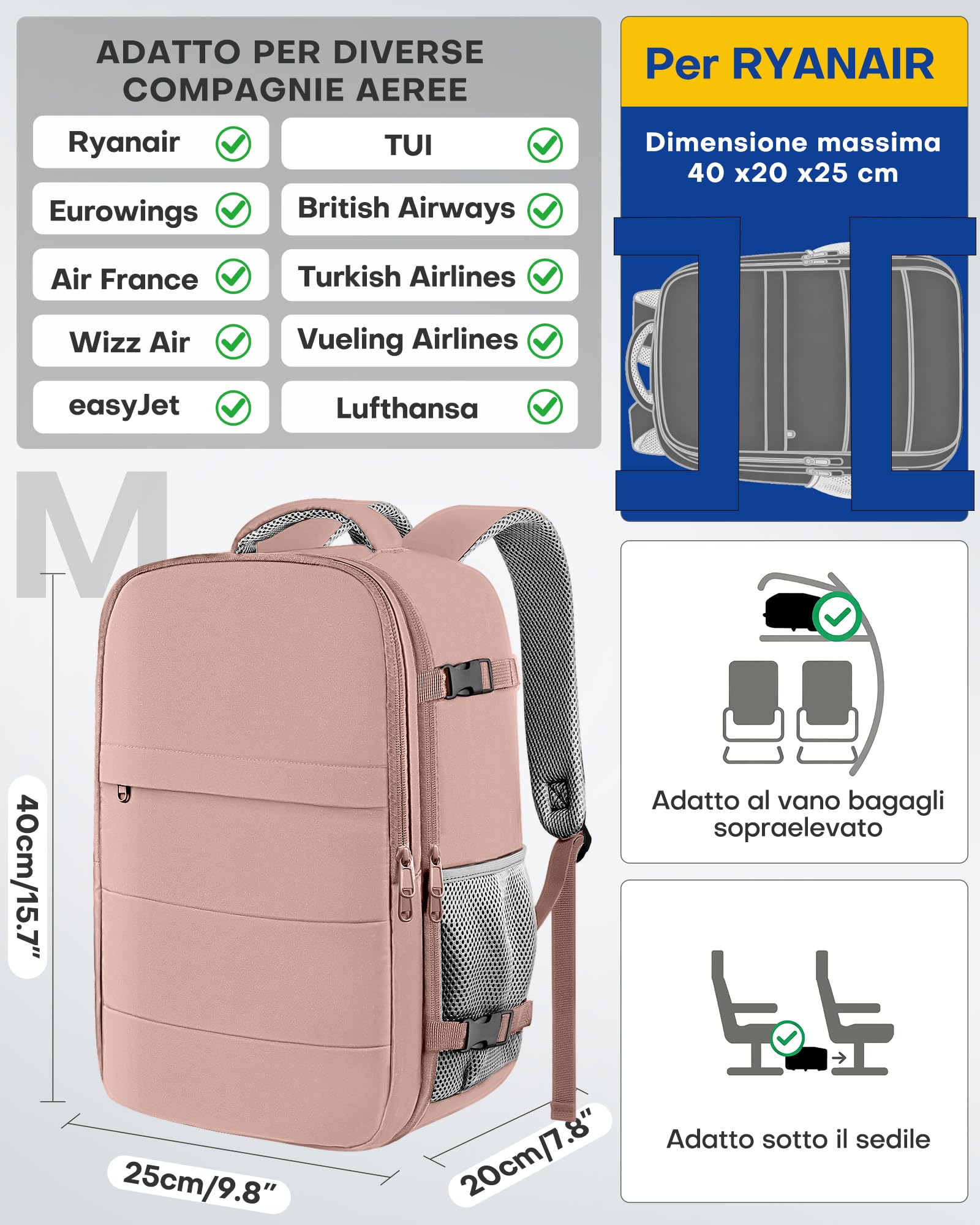 HOTOR Zaino Ryanair 40x20x25 - Zaino da Viaggio Porta PC di Grande Capacità, Multi-Tasca, Bagaglio a Mano Compatibile Ryanair per Uomo e Donna, per Pendolarismo, Viaggi in Aereo e Trekking, Rosa