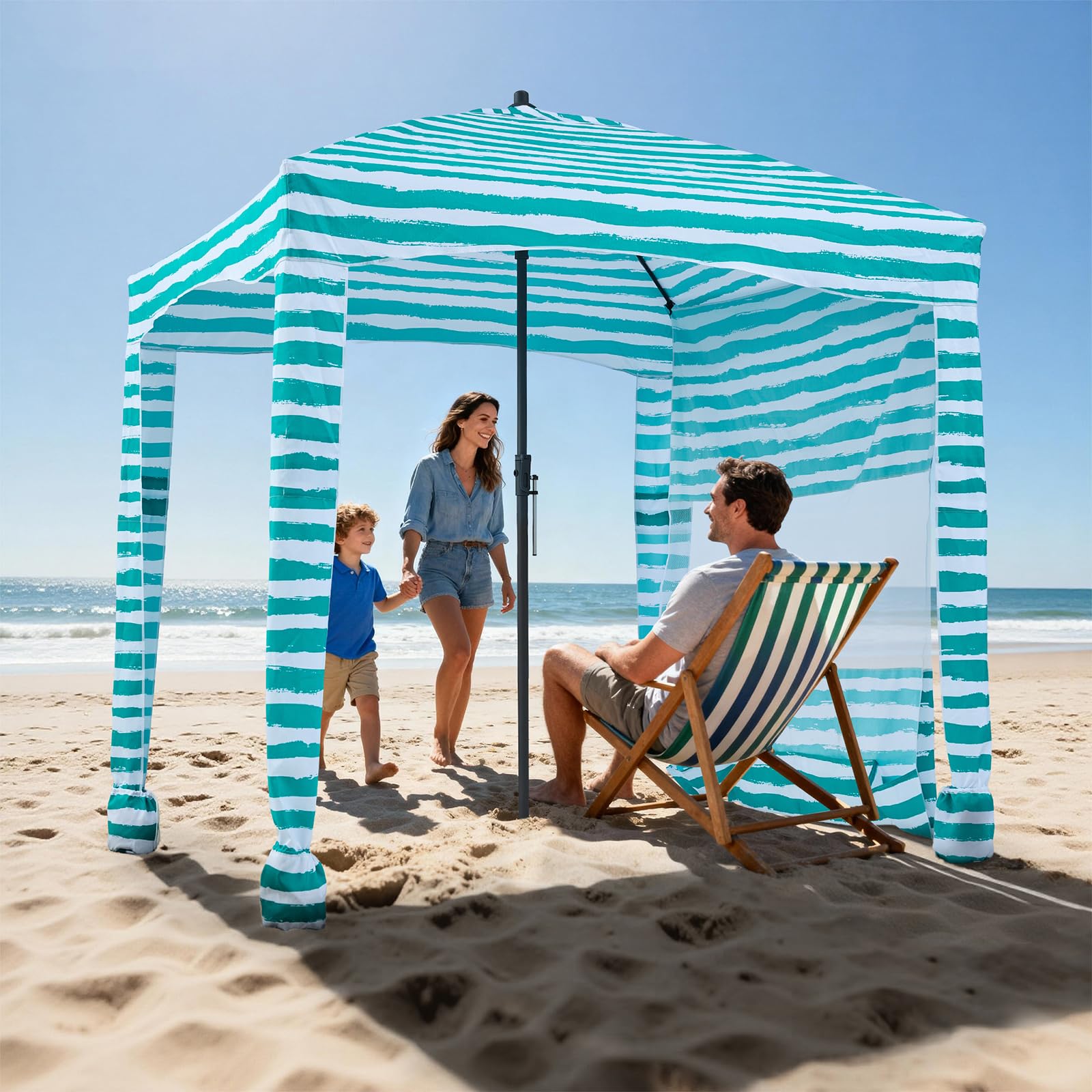 VEVOR Namiot plażowy 1830 x 1830 x 2290 mm, ze ścianą boczną i kieszeniami na piasek, przenośny parasol przeciwsłoneczny z regulacją wysokości dla rodziny i przyjaciół, zielony z białymi paskami