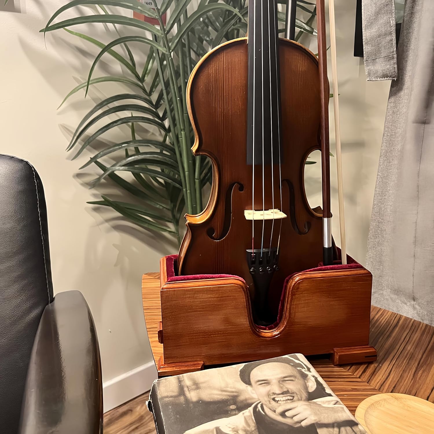 Violin and Bow Holder ( Stand), Wooden Violin Holder Floor Display for Violin, Velvet Protection, Stable and Classy Aesthetic (brown wood + red relvet)