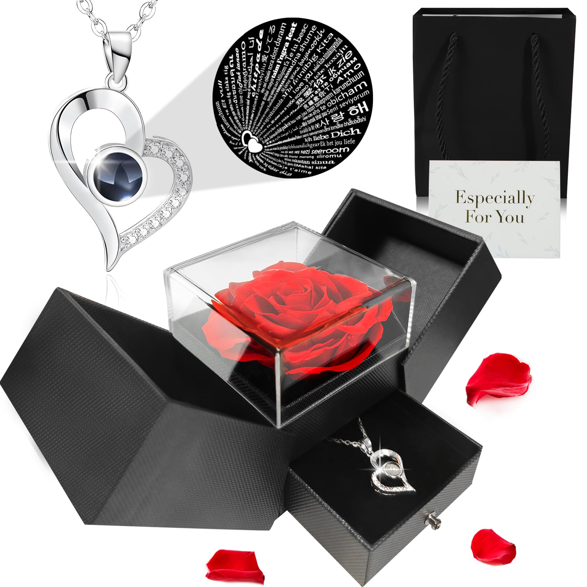TANNESS Preserved Real Roses Gift Box, Necklace w/ 'I Love You' in 100 Languages - Mom, Eternal Rose, Forever Rose for Mum, Presents for Women