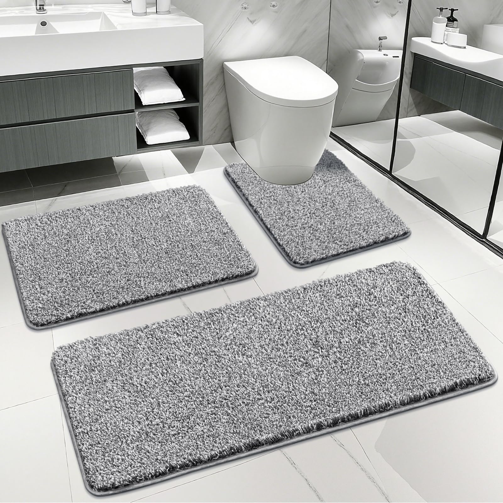Enyhom Set di tappetini da bagno in microfibra, super assorbente, a forma di U, antiscivolo, lavabile, 50 x 80 + 50 x 120 + U50 x 60 cm)