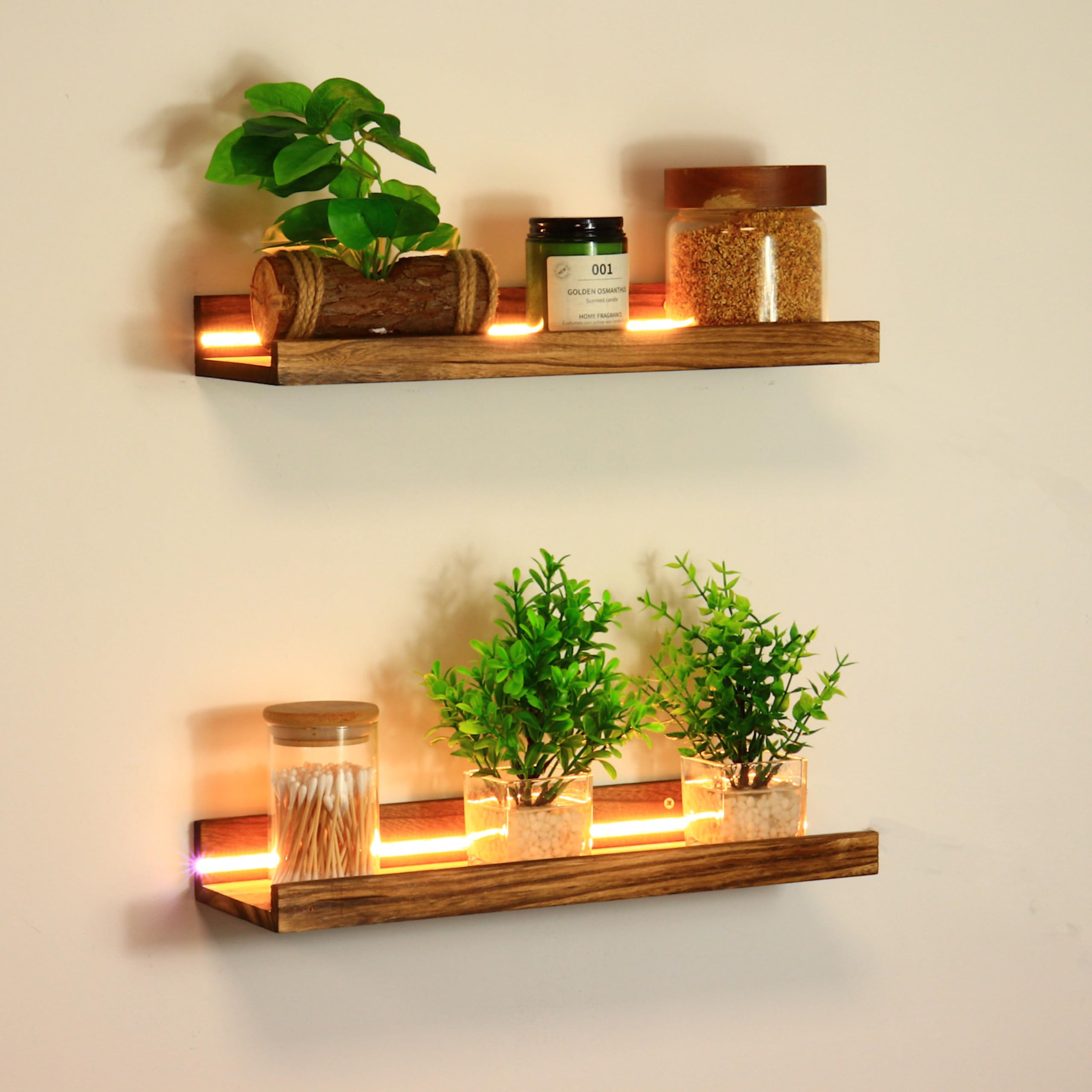 2 Stück Wandregal Floating mit LED Lichterkette — Regale Holzfarbe Wand 40cm
