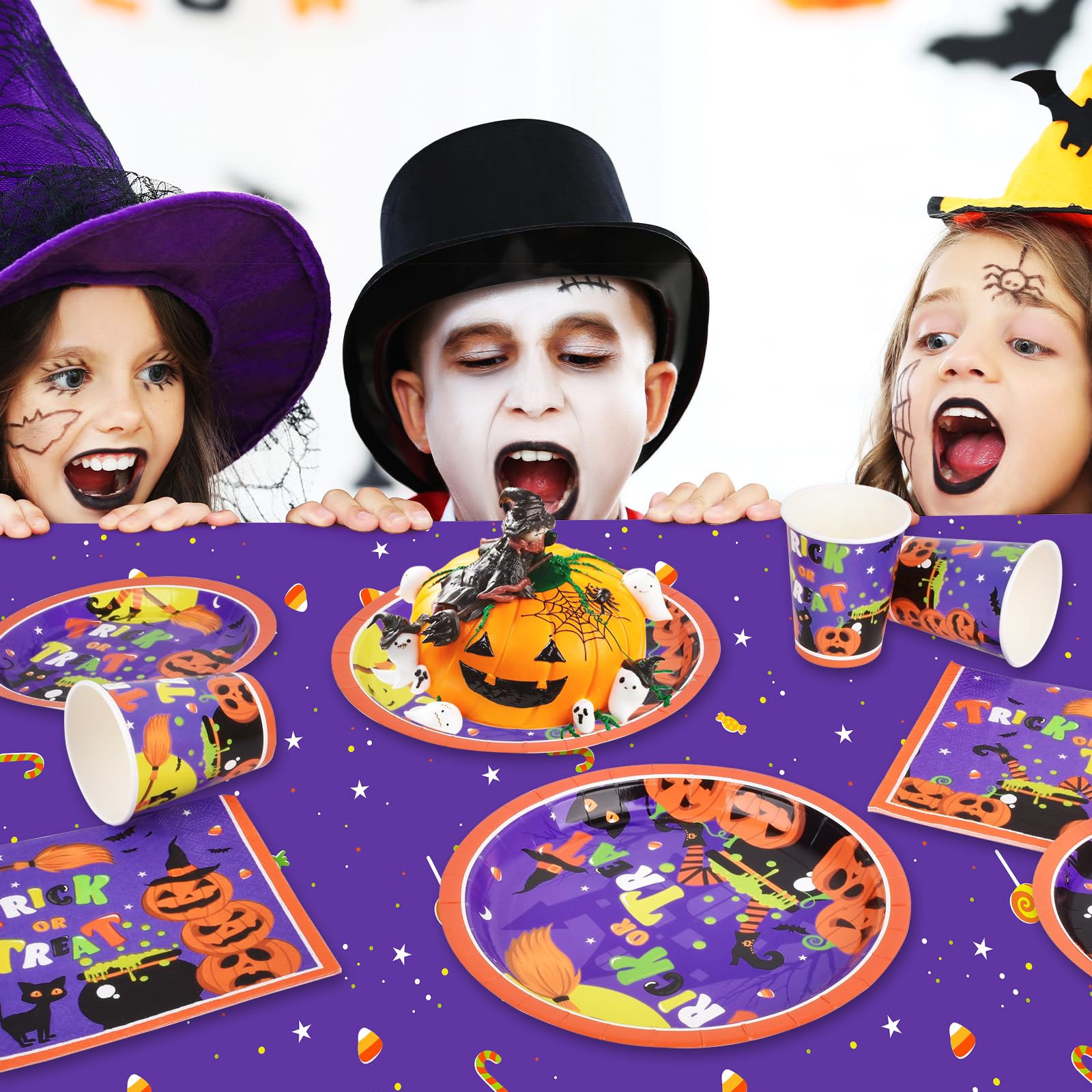 Halloween Party Supplies Kit Serve 25, Halloween Witch Pumpkin Design Includes Disposable Dinner Plates, Dessert Plates, Napkins, Cups and Tablecloth,Birthday Party Decorations
