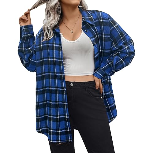 IN'VOLAND Womens Plus Size Flannel Plaid Shirt Roll Up Long Sleeve Mid-Long Button Down Shirts Casual Boyfriend Tops