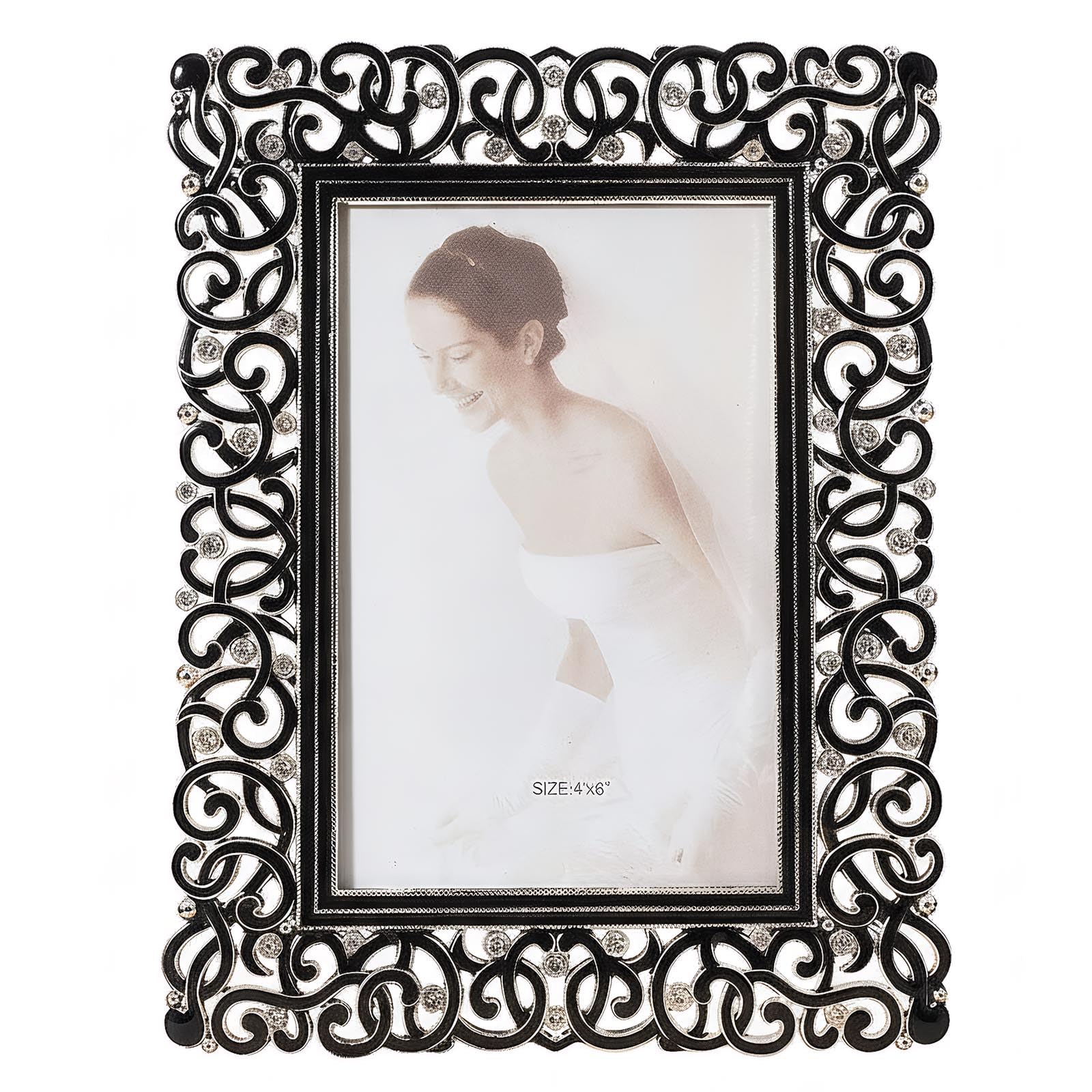 4x6 inch Vintage Picture Frame with Rhinestone Embellishments, Decorative Metal Photo Frame for Tabletop Display, Victorian Style Art Frames for Home Decor, Desk, Family Photos (Black, 4X6)
