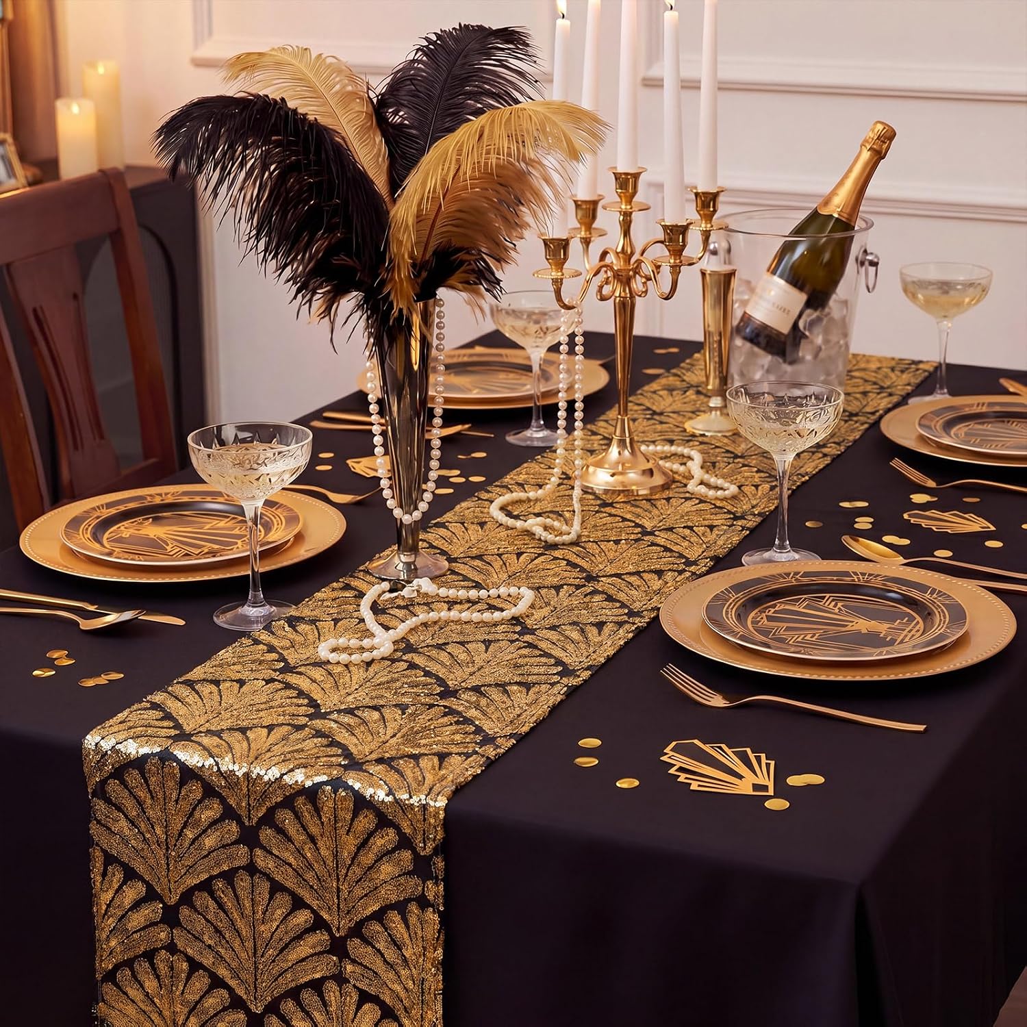 Peryiter 3 Pcs Roaring 1920's Table Runners 12 x 108 Inch Great 20's Black and Gold Table Runner Sequin Reusable Tablestrip for 1920s Vintage Speakeasy Wedding Graduate Party Decorations(Fan-Shaped)