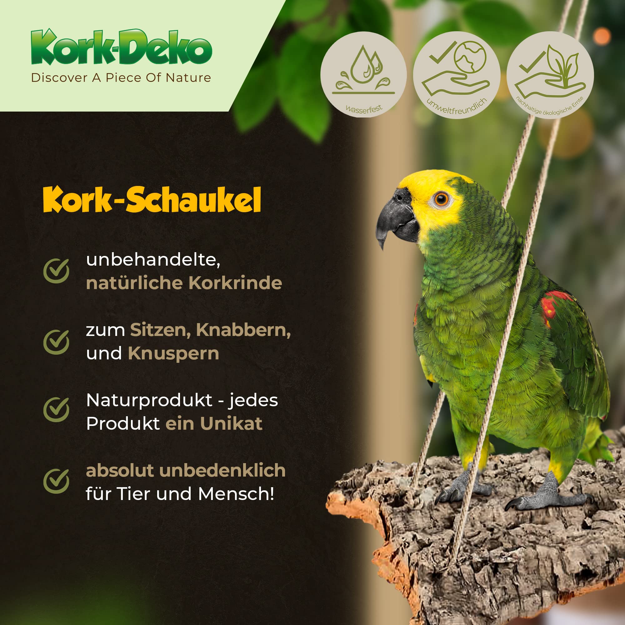 Kork-Schaukel XXL 50x20 cm für Vogel-Volieren. Schaukel aus Naturkork zum Anknabbern & Knuspern. | desinfiziert | Vogel Zubehör & Spielzeug aus Korkrinde (für Wellensittich, Papagei)
