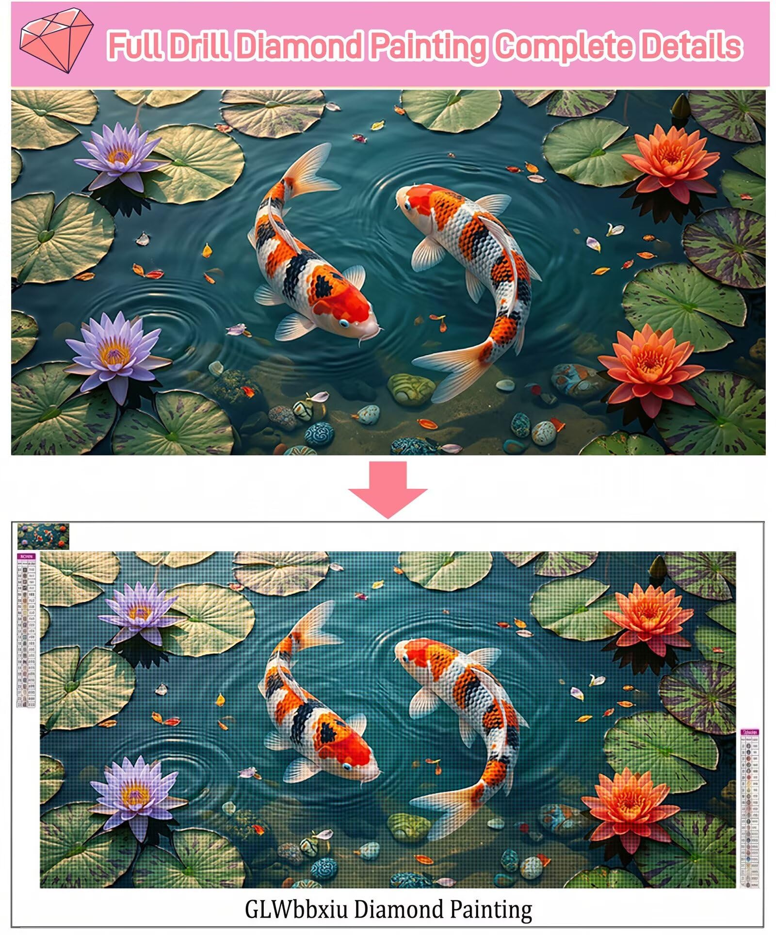 Diamond Painting Lotus Diamond Painting Erwachsene Groß XXL Karpfen, 5D Full Eckige Steine Drill Diamanten Malen Nach Zahlen, DIY Set Kreativ Set für Erwachsene Home Decor Wanddeko 100x200cm, Cod-916