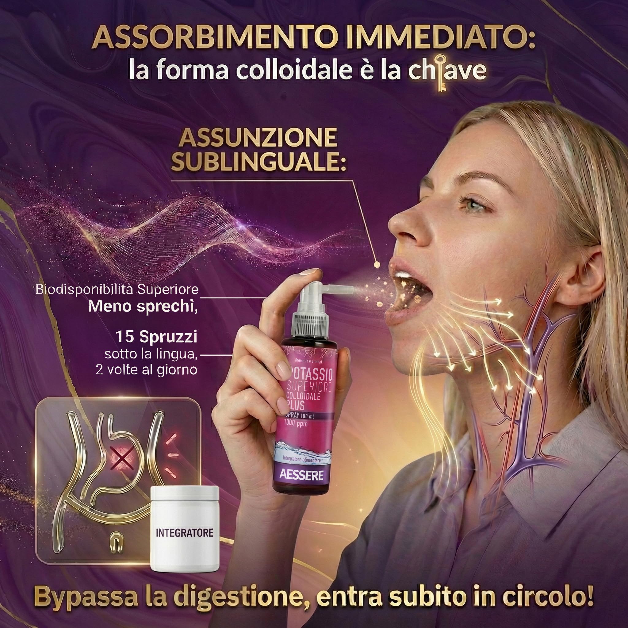 Potassio Colloidale Spray - Integratore di Potassio Plus ad Alta Biodisponibilità 1000 ppm Supporto per Crampi, Muscoli e Sistema Nervoso, Senza Zuccheri, Gusto Neutro - Made in Italy- Aessere 100ml