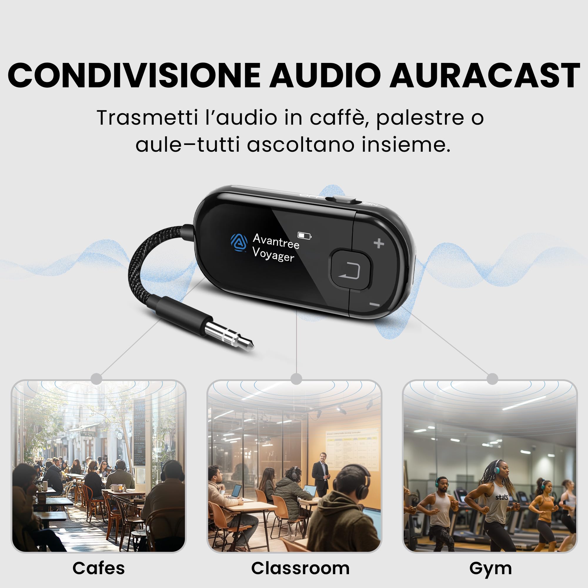 Avantree Voyager HA – Trasmettitore audio Auracast e Bluetooth 5.4 per cuffie con display e controllo volume, chip Qualcomm, aggiornabile via firmware, AUX per TV, PC e ascolto wireless