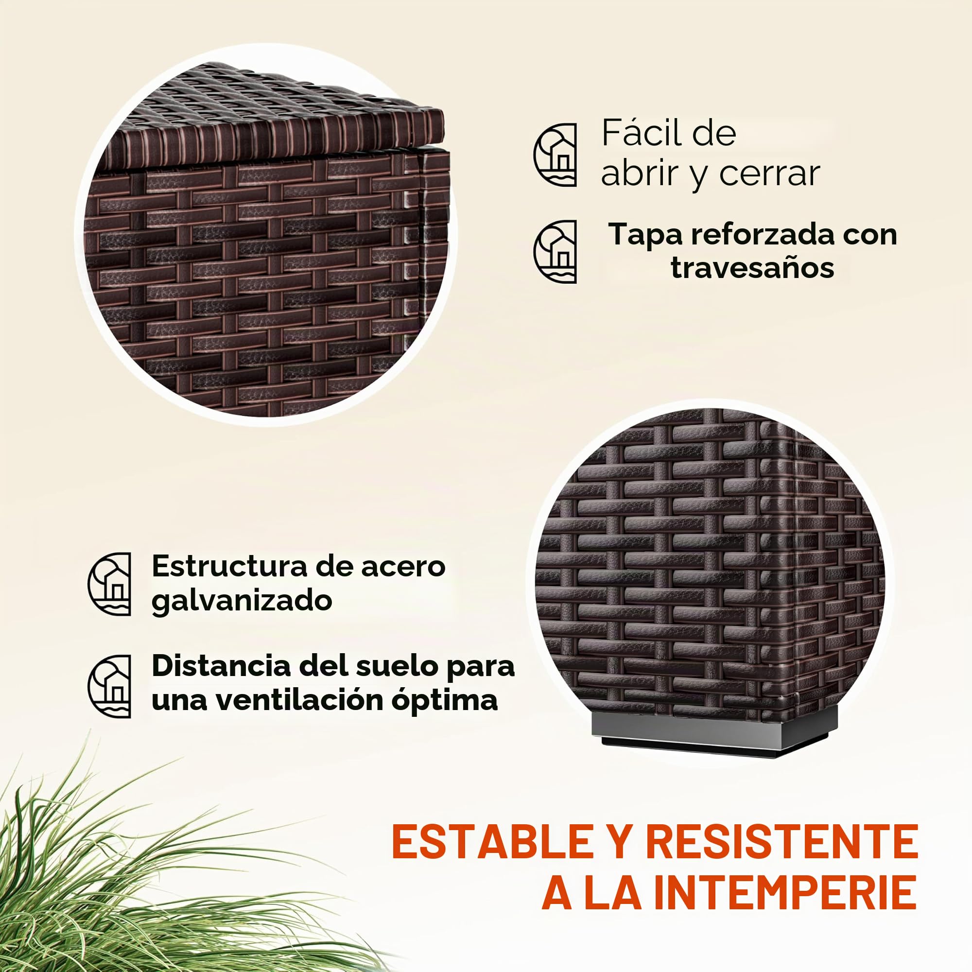 CASARIA® Baúl Almacenamiento 318L XXL Poliratán Acero 75x75x70cm Almacenaje Exterior Cojines Herramientas Resistente Intemperie Patio Terraza Marrón