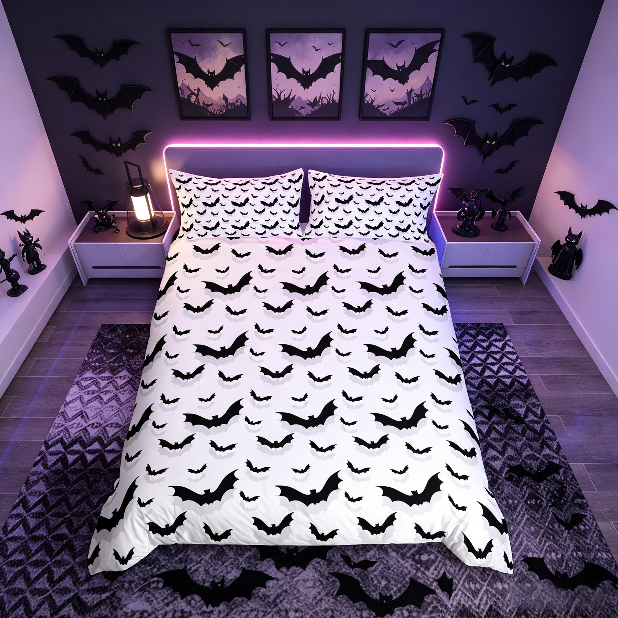 Loussiesd Goth Comforter Cover Double Size Flying Bats Theme Bedding Set Animal Shadows Pattern Decorative 3 Pieces Black Duvet Cover Set White Grey Bedspread Cover with 2 Pillowcase Zipper