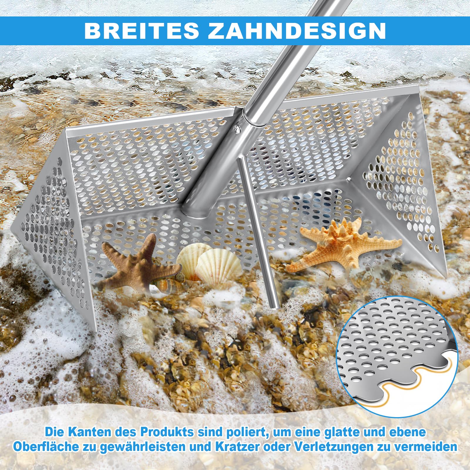 Sand Flohrechen Set, Edelstahl Strandsand Sieb, Abnehmbarer Langer Griff | mit Eimer, Handschuhe, Schaufel, Räder, Sandflohsieb Scharfen Zähnen Strandrechen, Sandflohharke Strand Sandsieb für Meerjagd