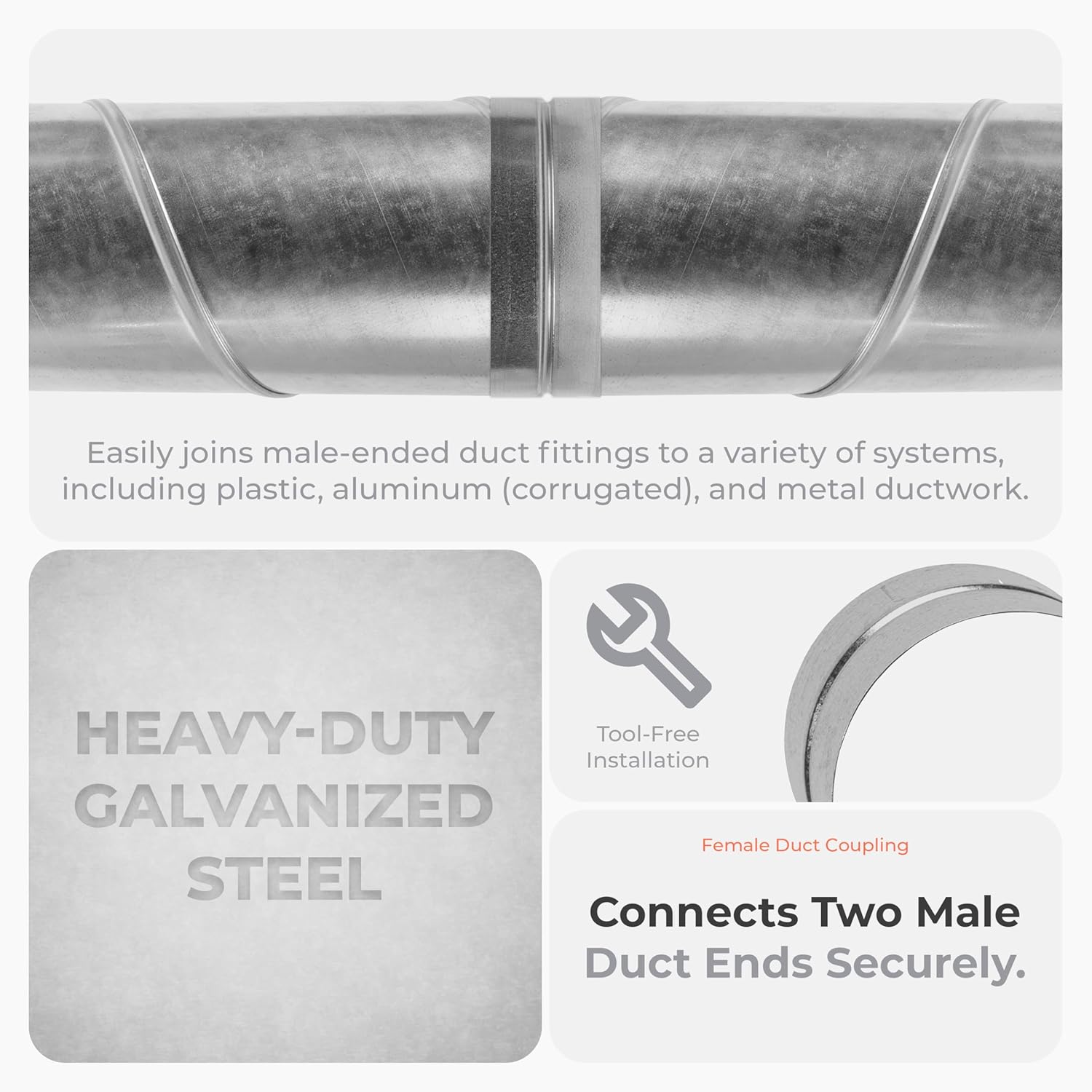 Galvanized Steel Duct Coupling - 10" Inch Female Fit - Round Air Conditioner Duct Connector and Extension - Dryer duct hose - Flexible Exhaust Pipe Adapter - Metal Tube Fitting