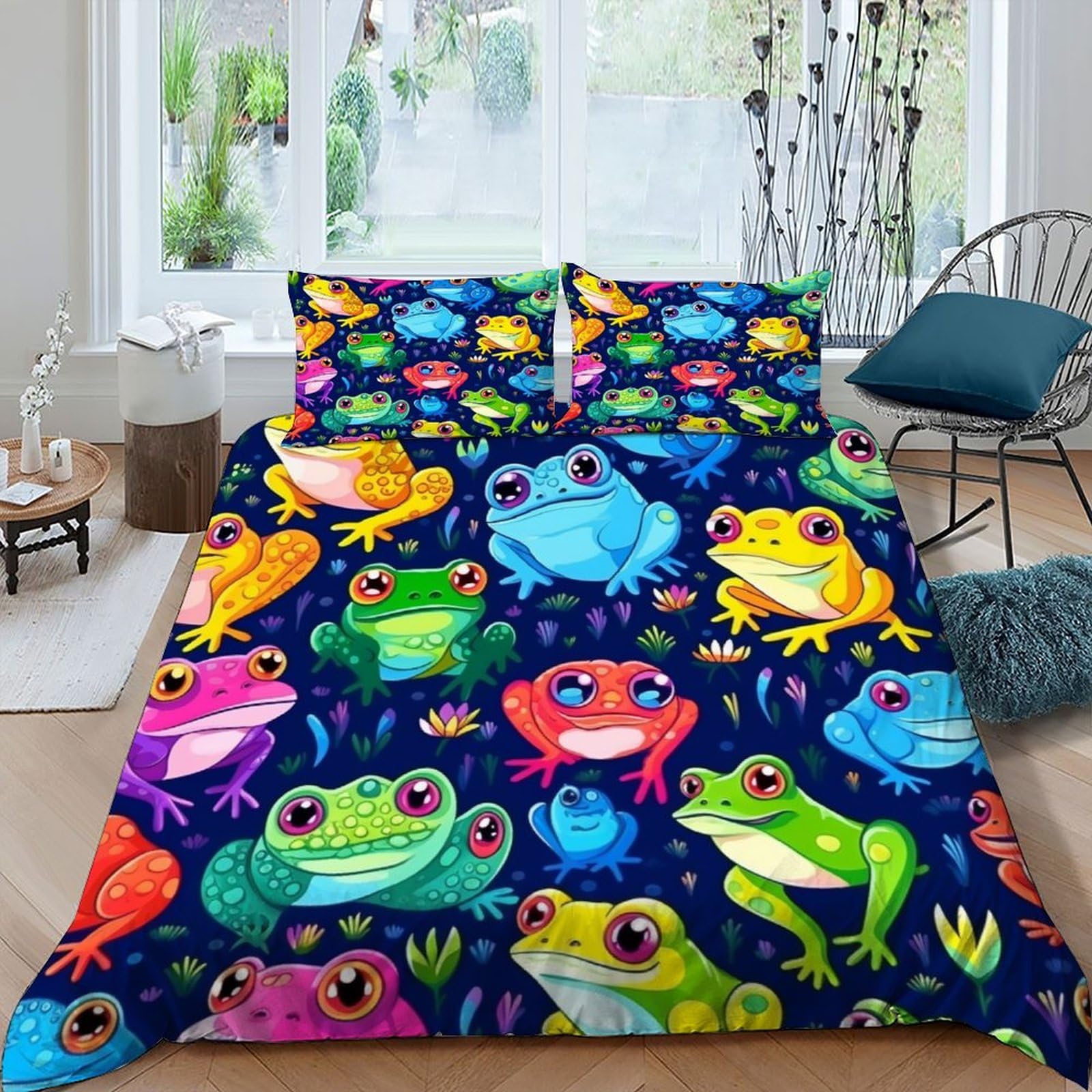 Housse de couette grenouilles colorées pour lit king sans repassage avec zip pratique